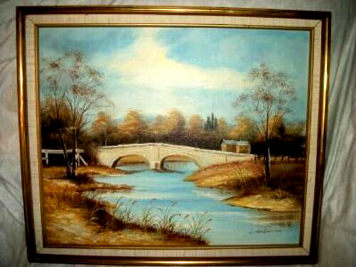 Hollywood Regency French Impressionist Oil Painting Landscape Chateau Bridge