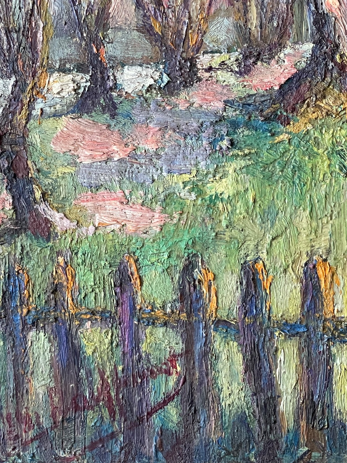 Antique Impressionist Oil Painting Panel Manner Pissarro Countryside in Spring