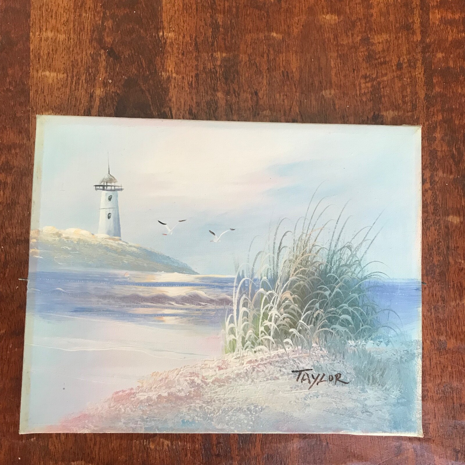 VTG Oil Painting Original Artist Signed Taylor Ocean Beach Light House Scene