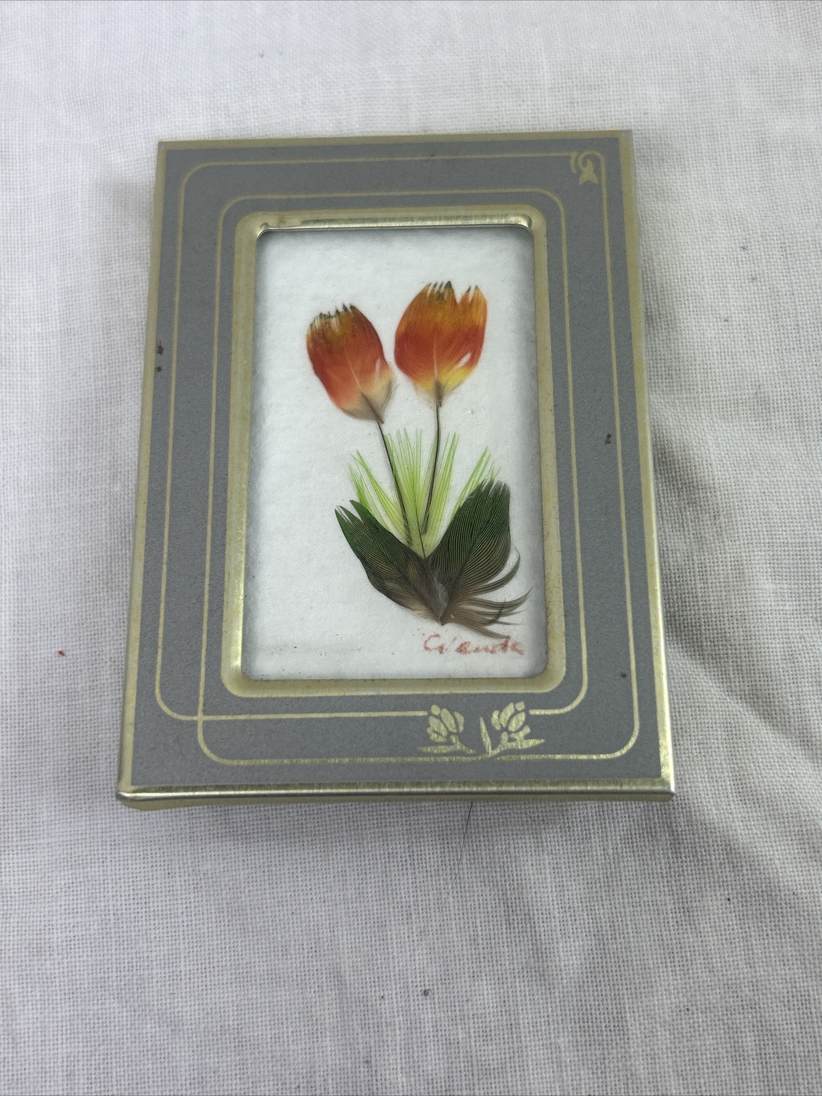 Feather Art Framed Tulips Hand Crafted Signed Teeny Tiny