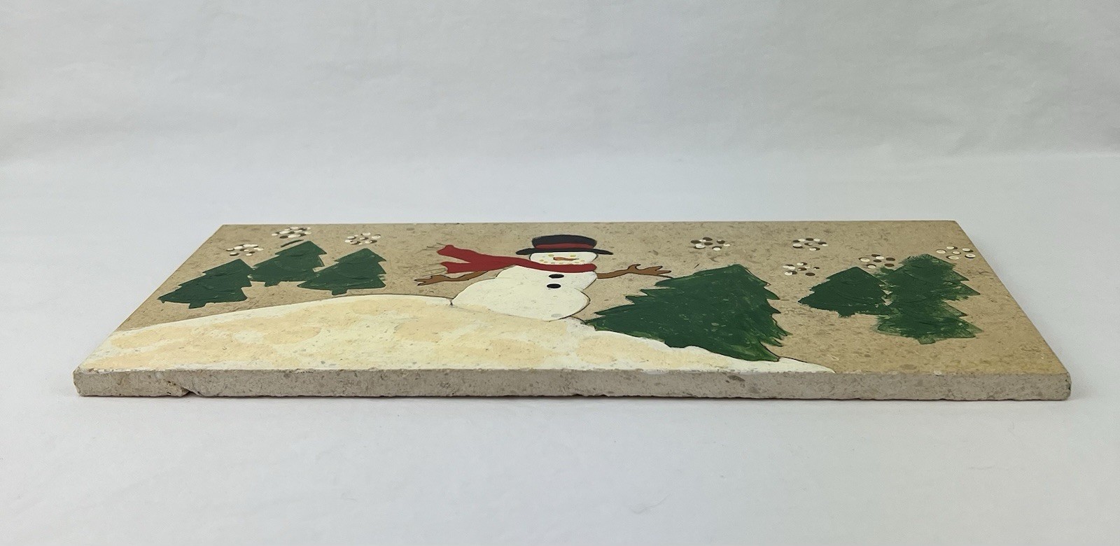 Hand Painted Snowman Snow Scene Ceramic Tile Art With Metal Stand 5.5”x12”