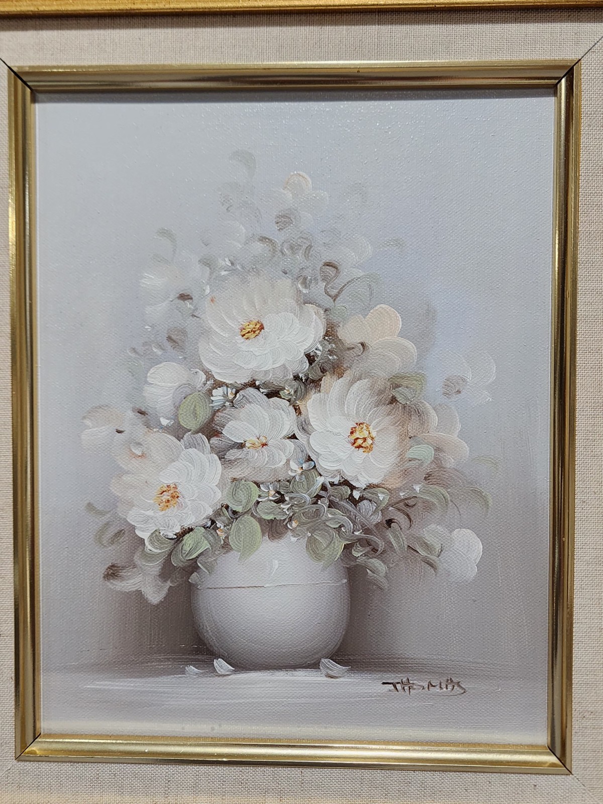 Vintage Canvas Oil Painting WHITE FLOWERS in a Vase Signed THOMAS Wood Framed