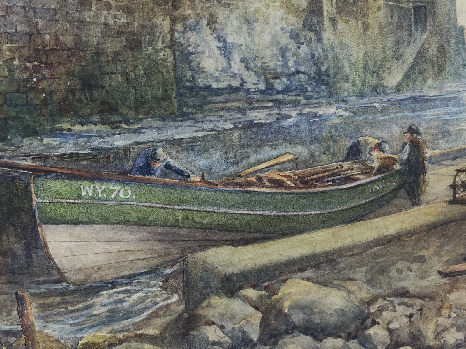 Antique Watercolor Painting Fred E. Graham Listed Artist Fishing Boat Traps