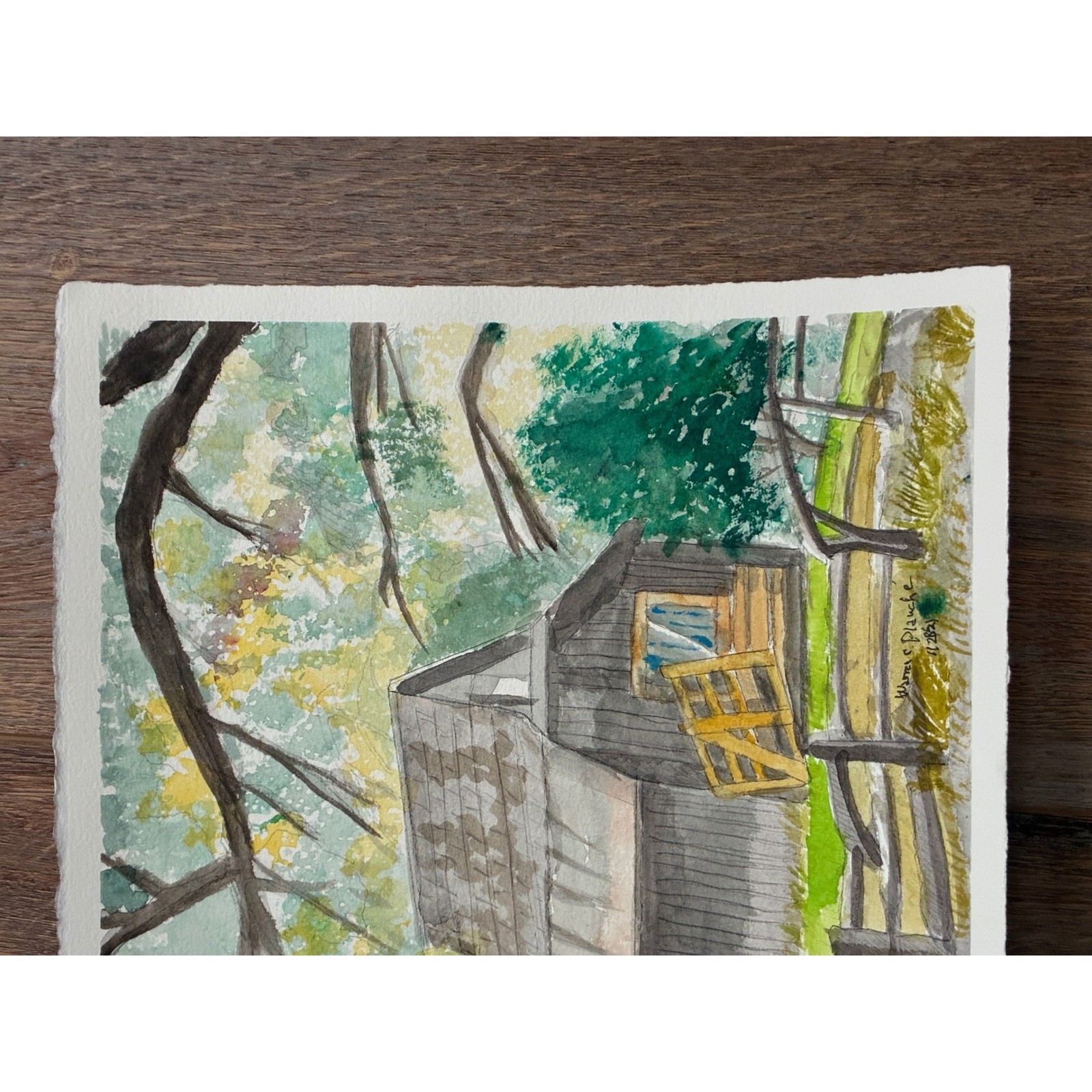 Hideaway at Lake George Watercolor Barn Signed 2021 11×15 Warren C Plauche
