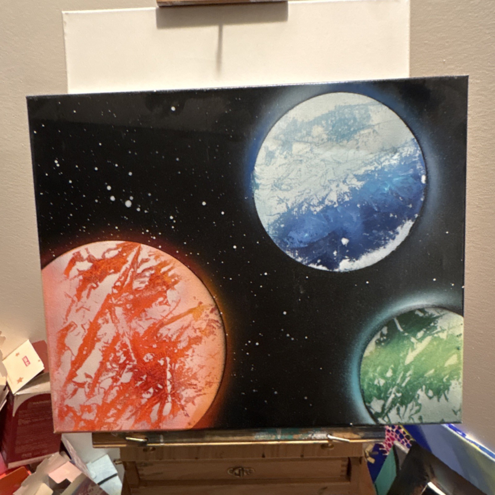 Original Outer Space Planets Modern Abstract Painting on Canvas 20x 15 1/2