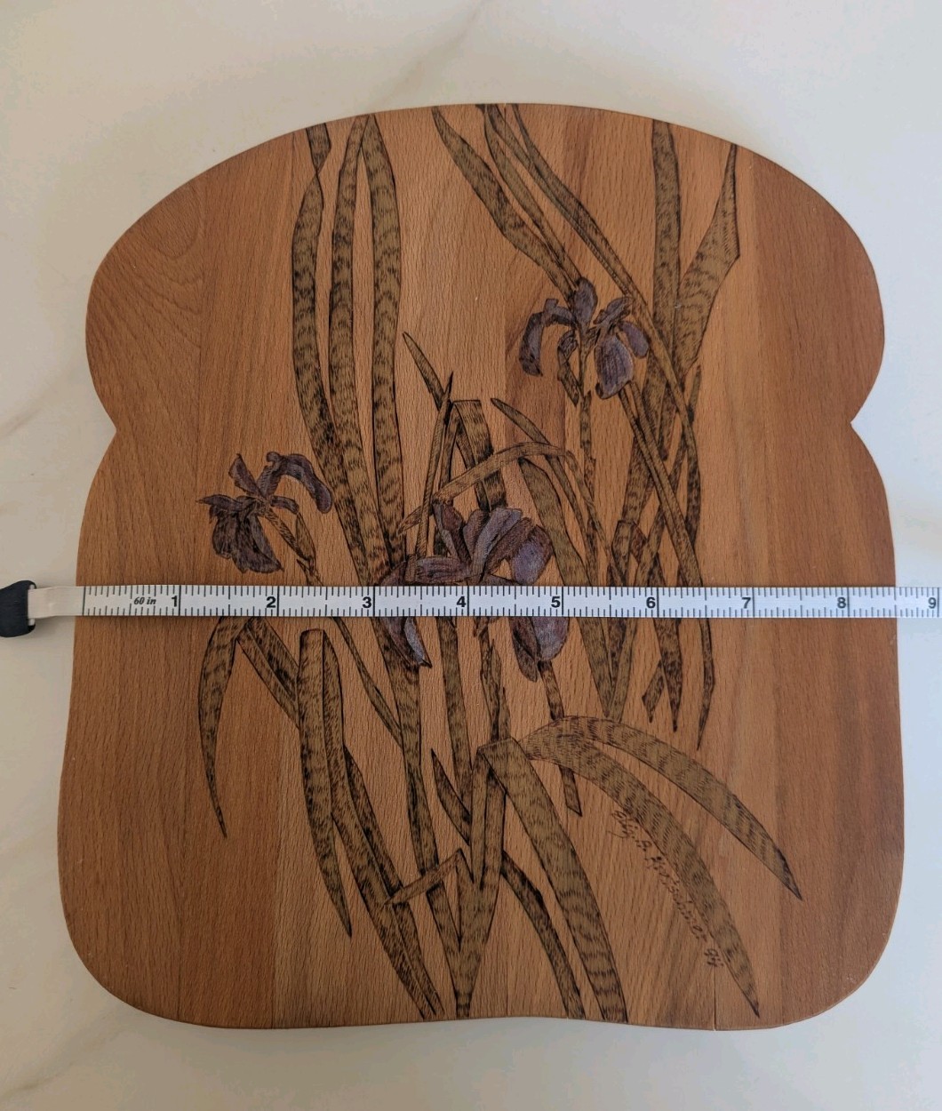 VTG Purple Iris Wood Burning Cutting Board Painted Signed Country Decor Bread