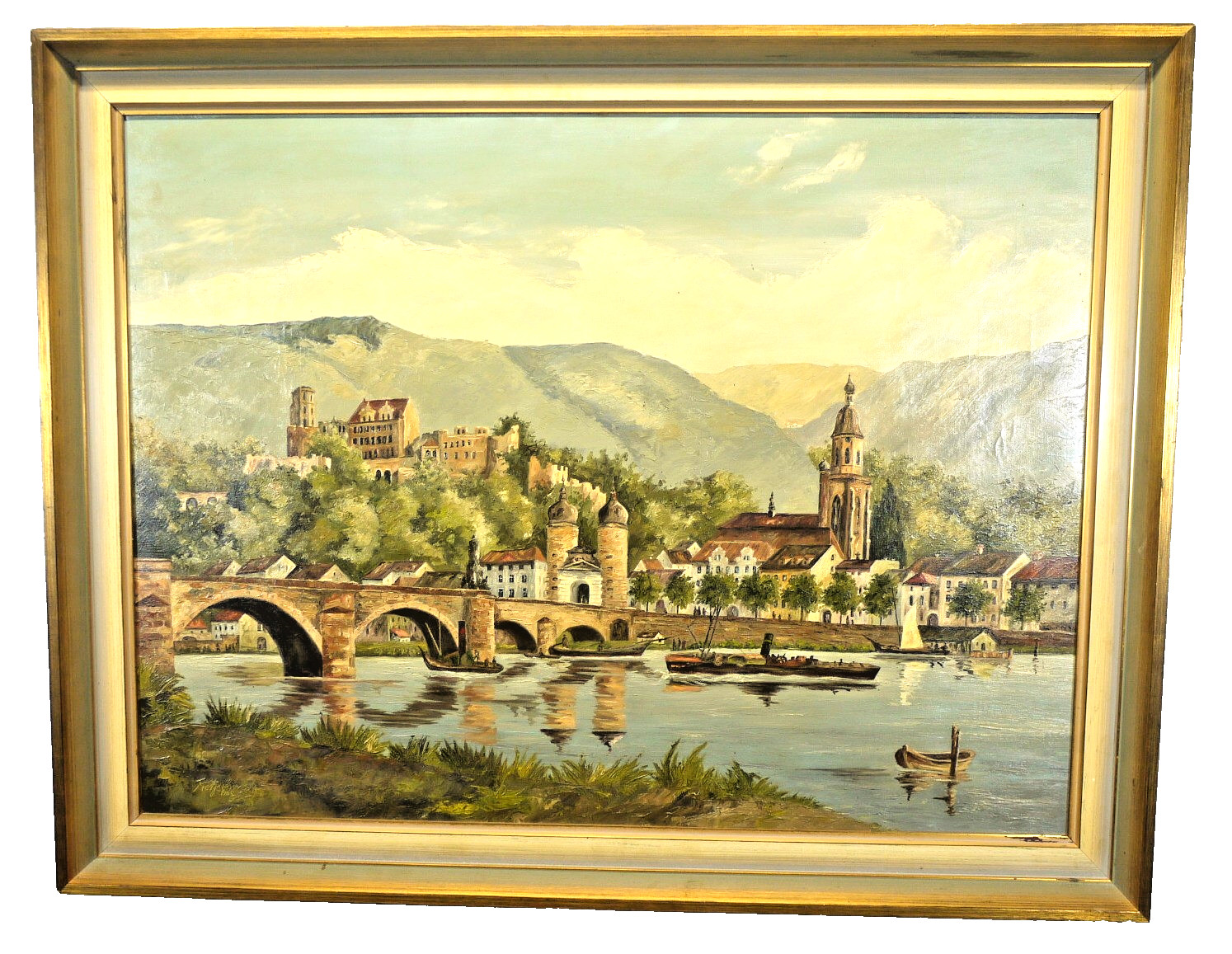 1960 German Landscape Heidelberg Bridge CASTLE Oil PAINTING Signed Kretschmar ?