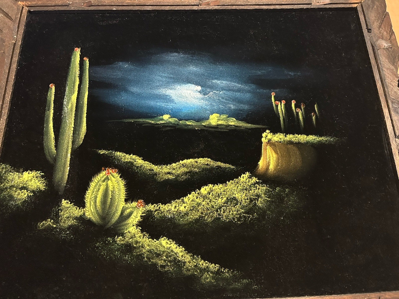Vtg Black Velvet Painting Desert Sunset Cactus Mexico Carved Wood Frame 24”x 20”