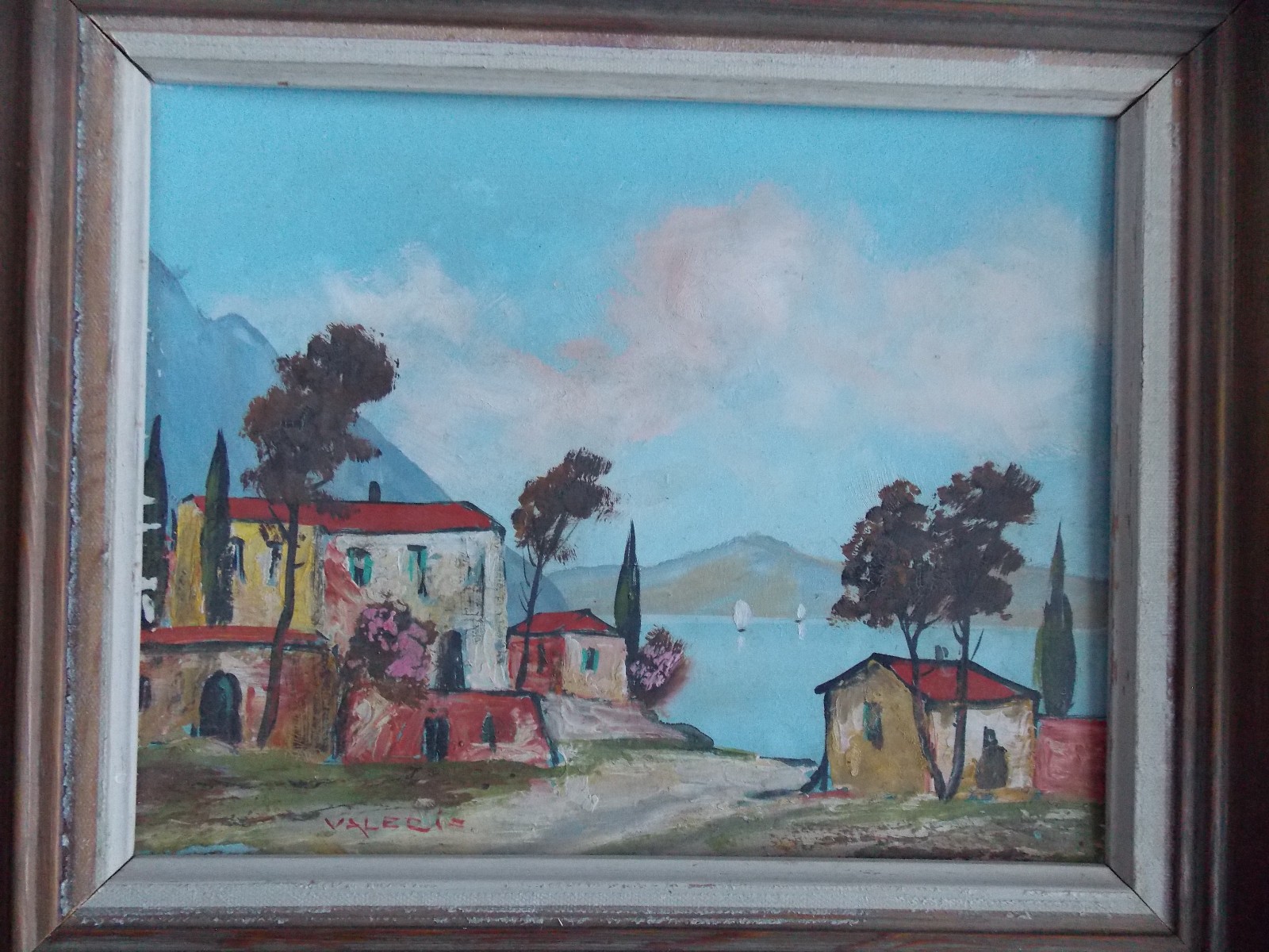 Italian signed Valecis oil painting on board Landscape in Sweedish Frame 13 5/8″