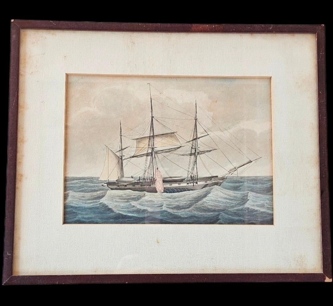Mid-19th- Century Painting. Dutch whaling frigate Bellona on December 23, 1836
