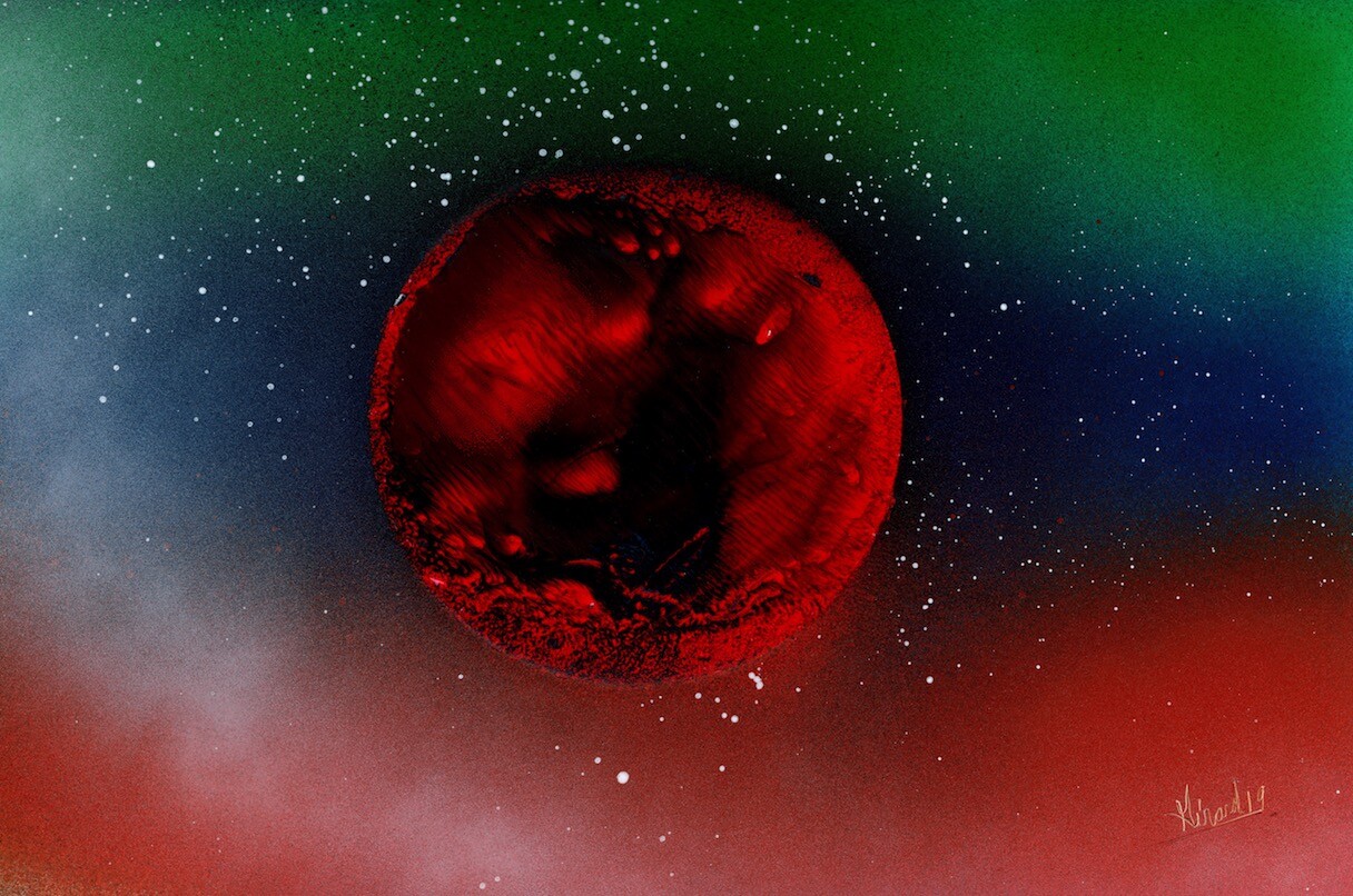 Galaxy Space Art Original with Big Red Planet signed by Artist Jason Girard.
