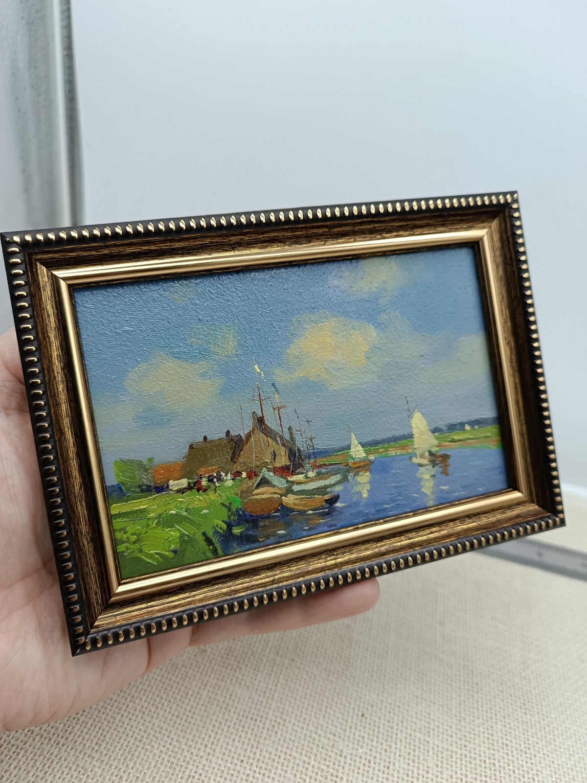Sailboat Harbor Original Oil Painting 4×6 Framed Signed Nautical Seascape Art