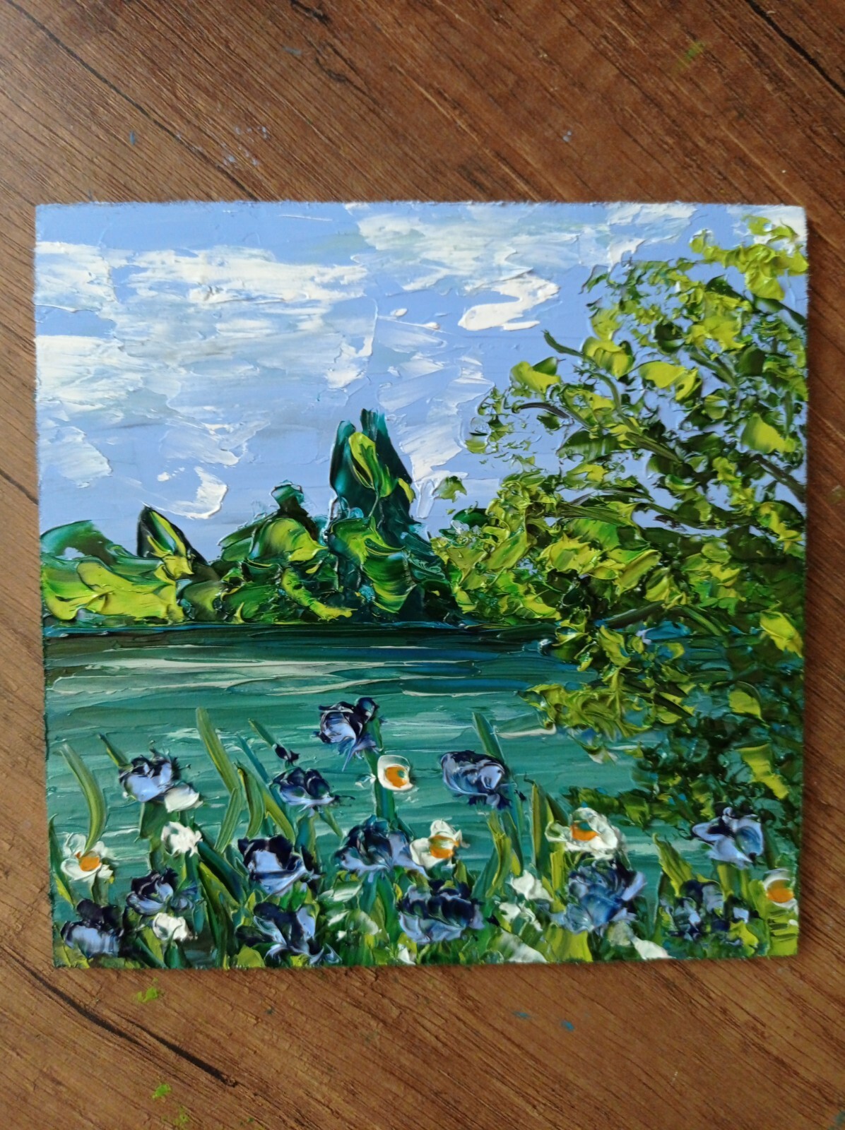 Cornflowers Sunset River Original Oil Painting Flowers Landscape Art size 6 x 6″