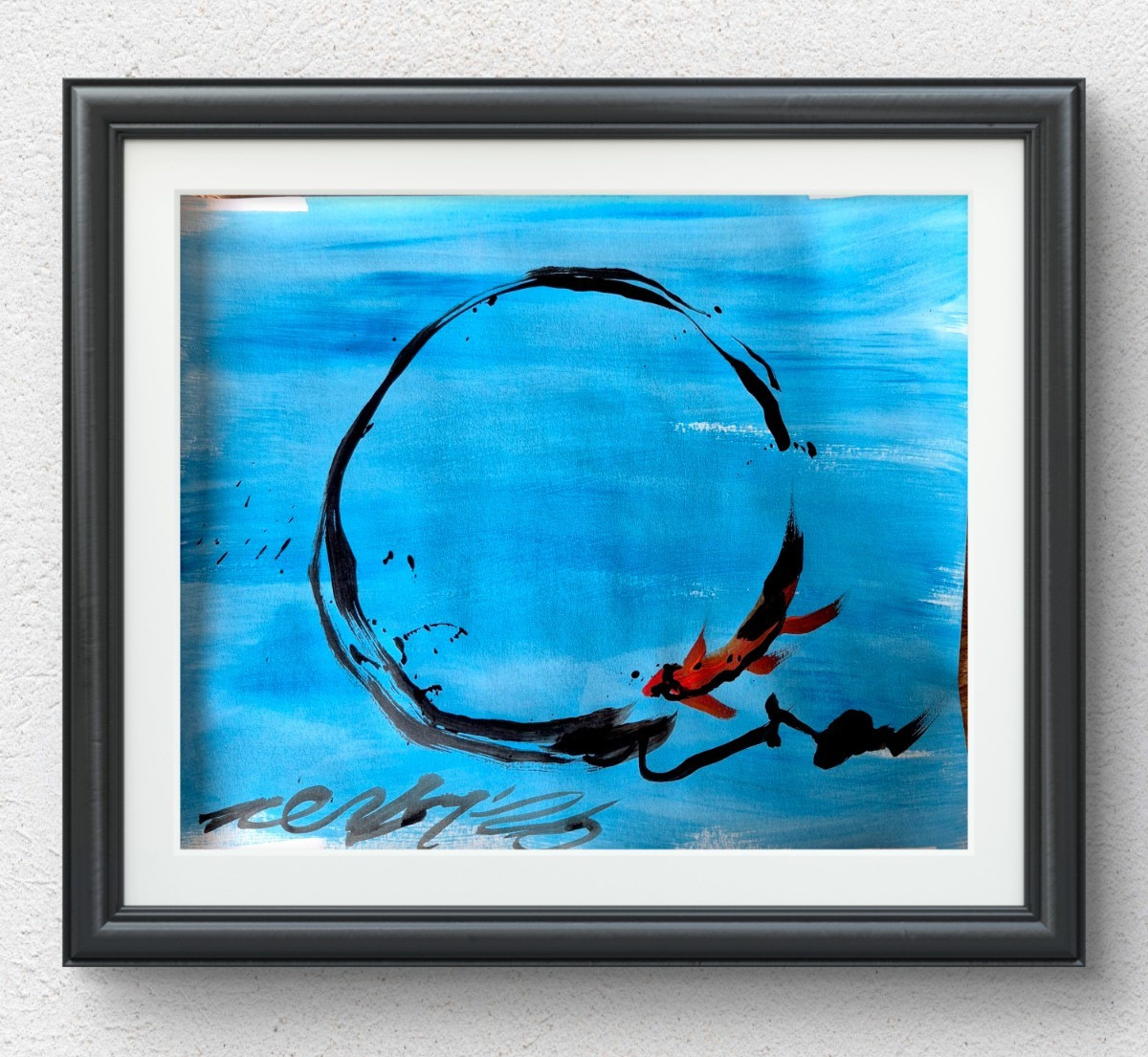 Original Hand Painted 11×14 Abstract Koi Acrylic Teal Blue Art Signed Paper P067