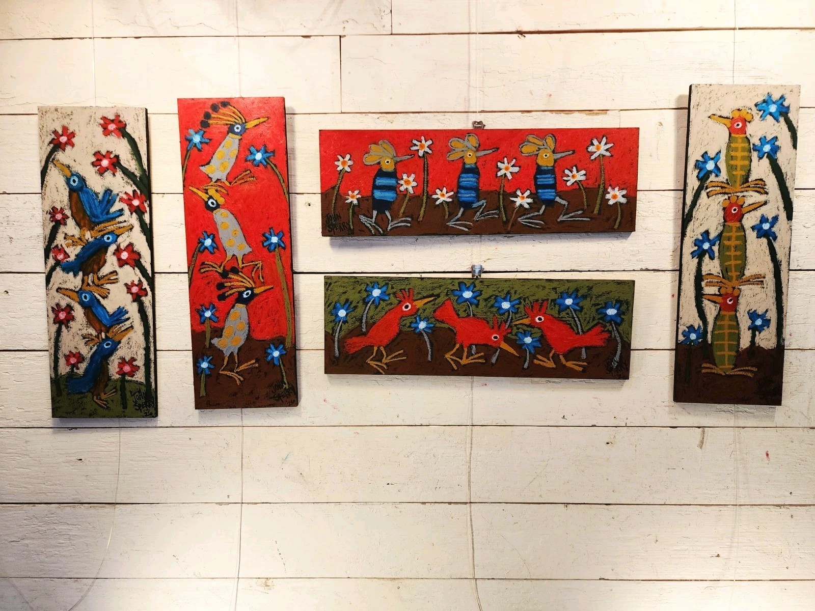 John Sperry Outsider Southern Primitive bird Folk Art Party Birds Painting