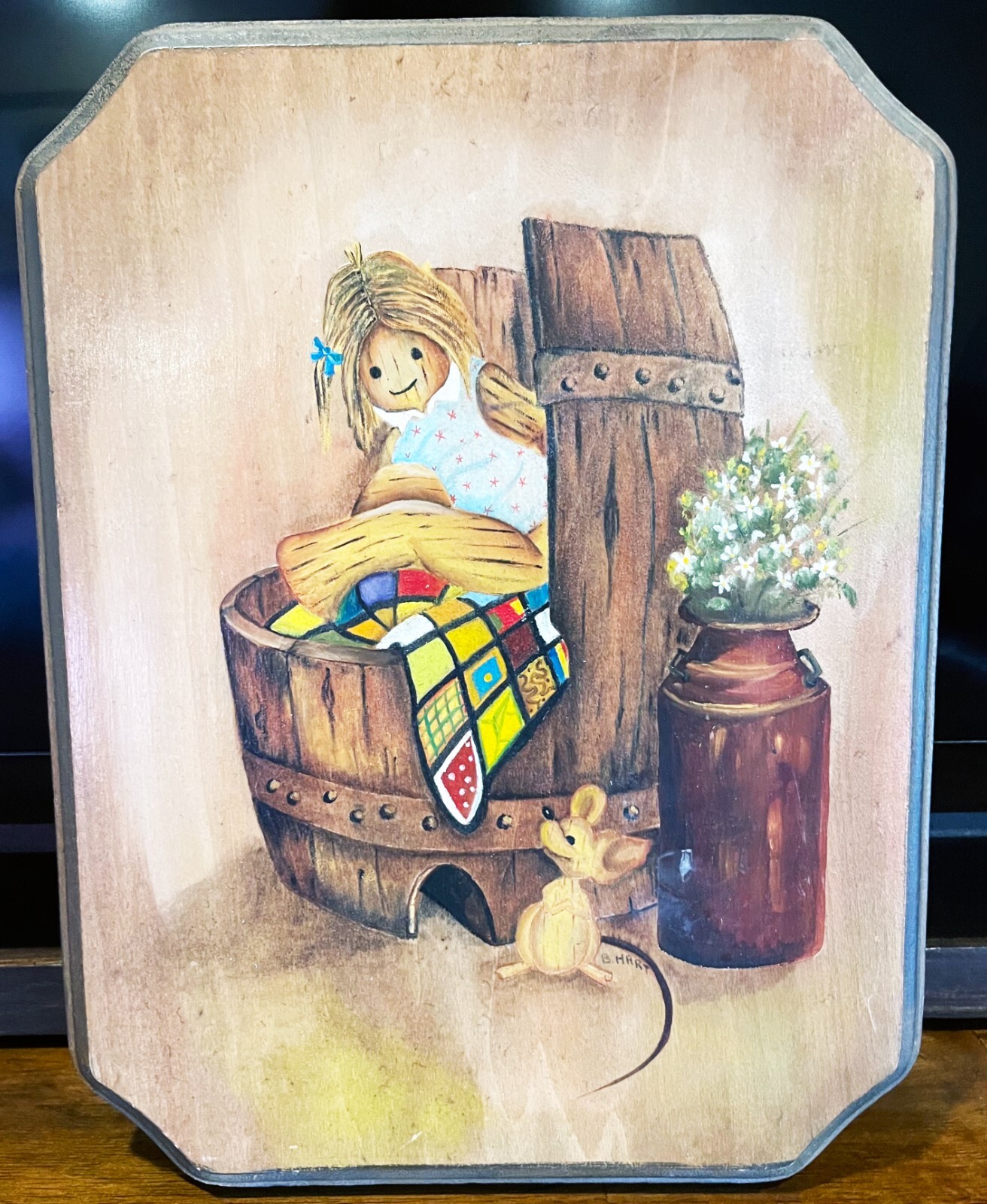 VTG Hand Painted Wood Plaque Wall Art Signed B. Hart Doll Basket 9.5″ x 12″