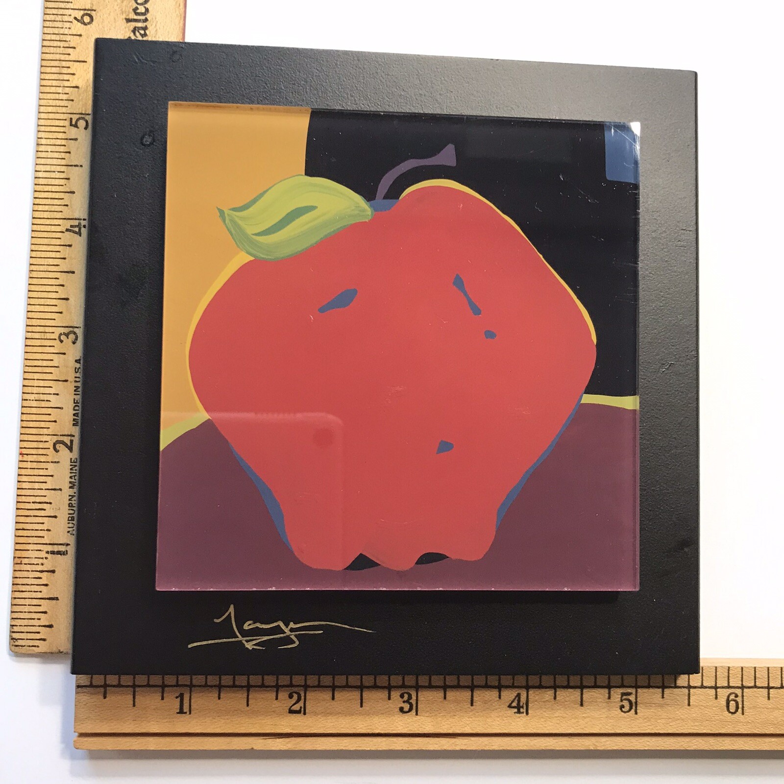 Daniel Lager APPLE ON TABLE Abstract Painting Reverse Acrylic Color Block-SIGNED