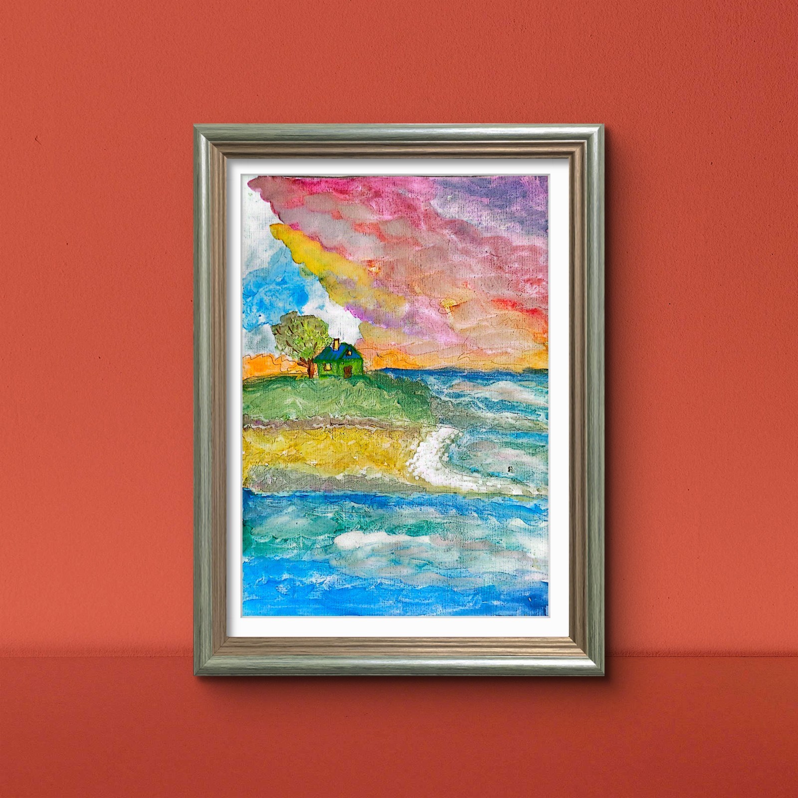Sunset Seaside Cottage Contemporary Expressionist Original 9×12 Watercolor