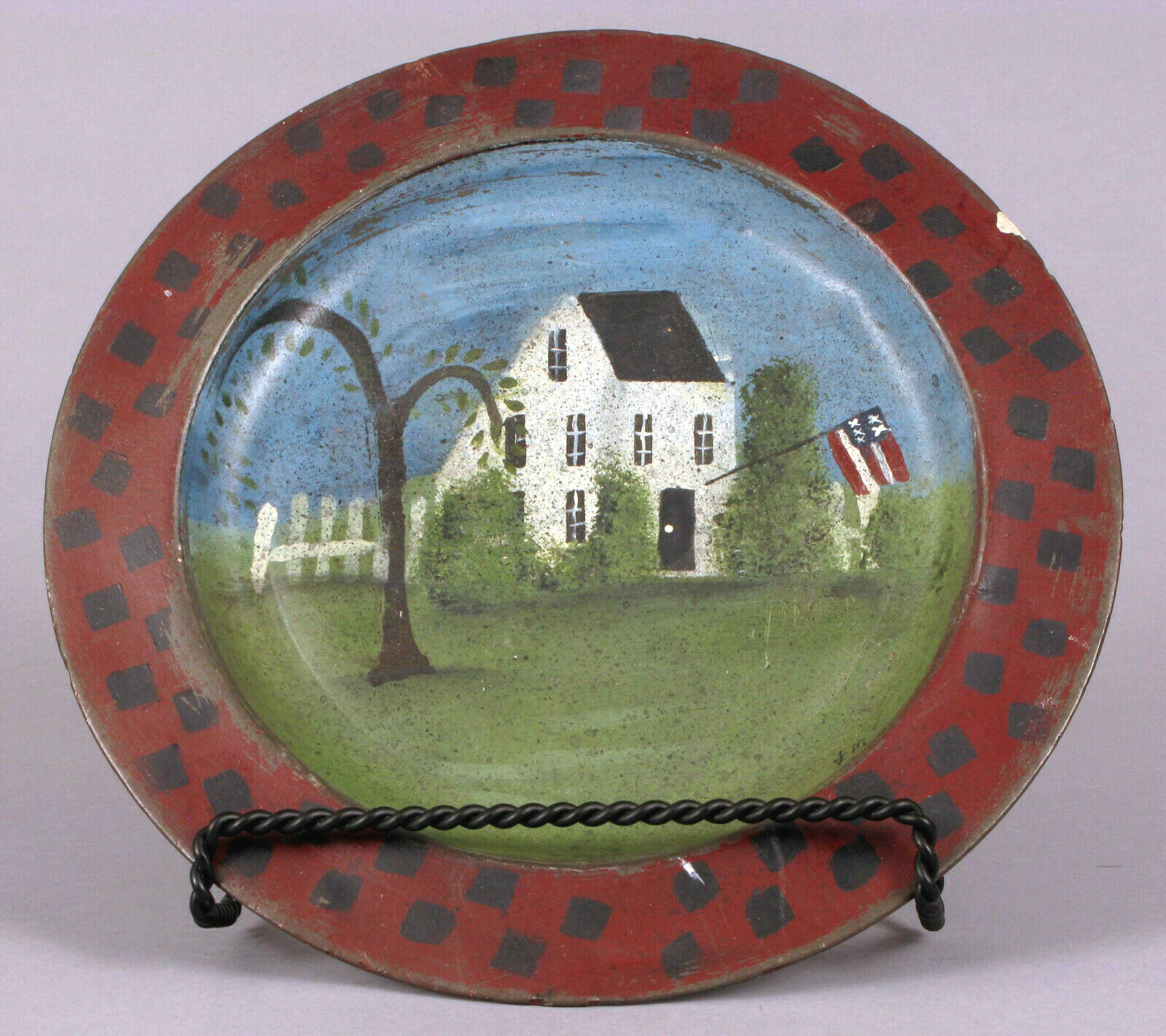 PRIMITIVE COLONIAL AMERICAN PAINTING HOMESTEAD FLAG ON ANTIQUE PEWTER PLATE !!