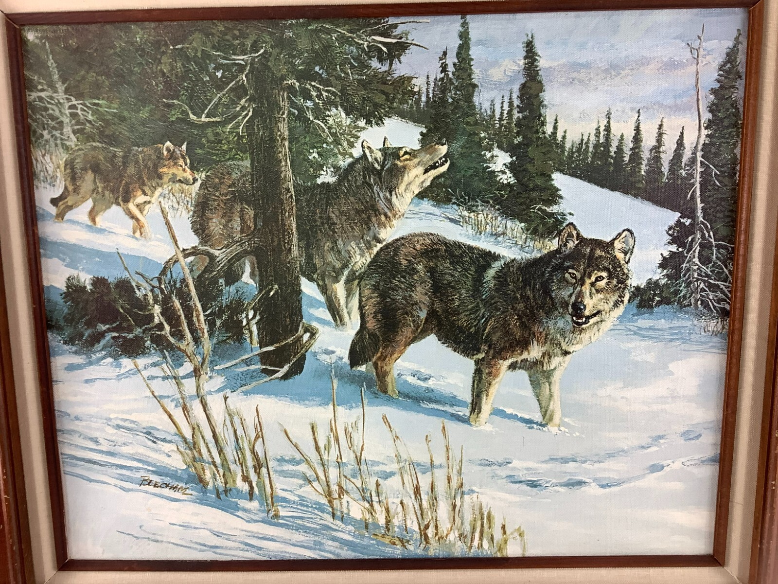 Signed Tom Beecham Framed Canvas Painting Print Wolves in the Snow in Forest 28″