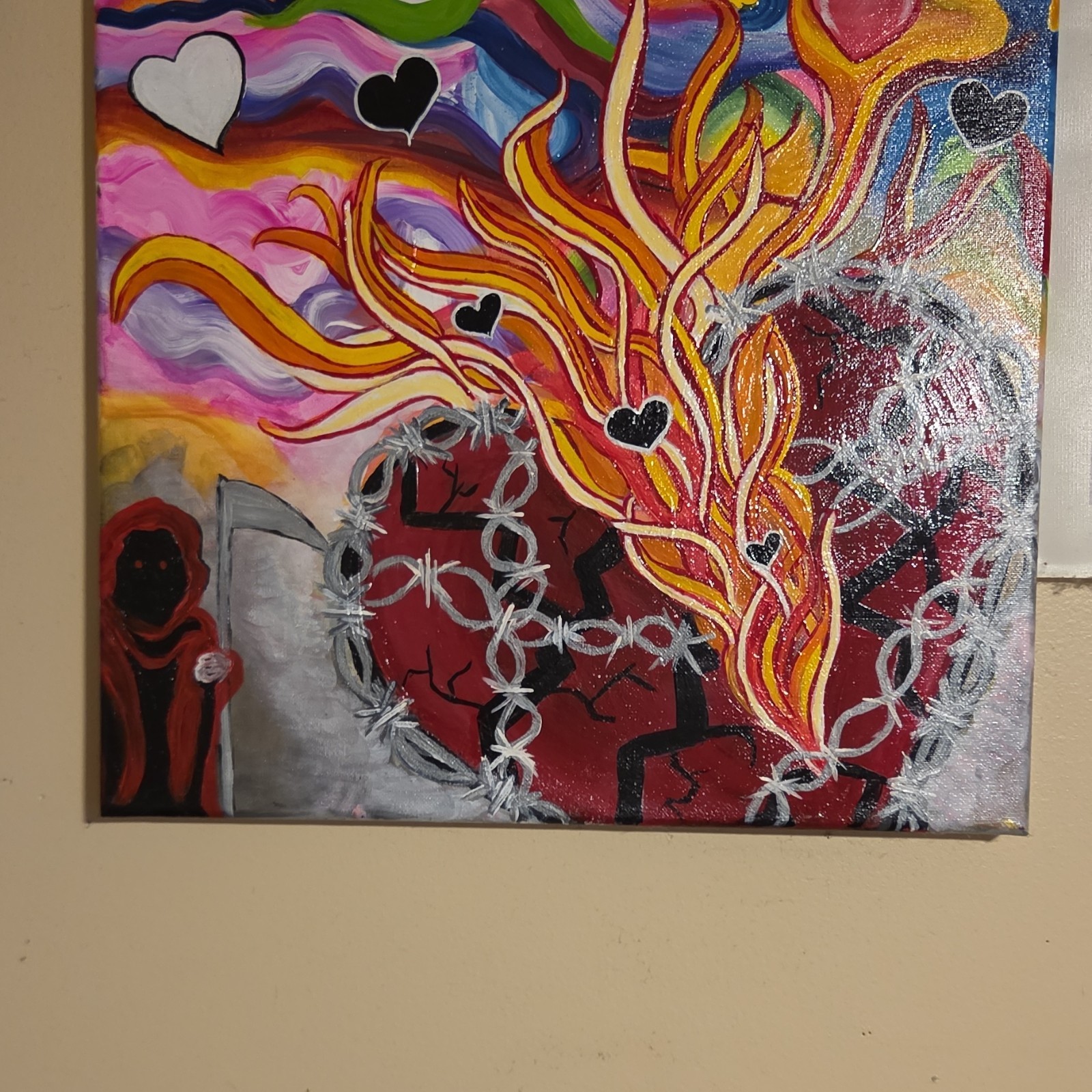 Hand-Painted Abstract Hearts Canvas Painting, Unframed Contemporary Wall Art