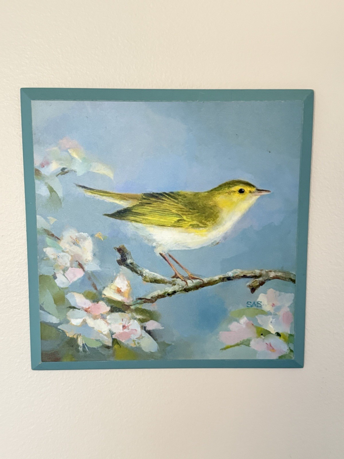 Woodland Bird Picture Print On Wood Signed Blue Wall Art Nature Flowers