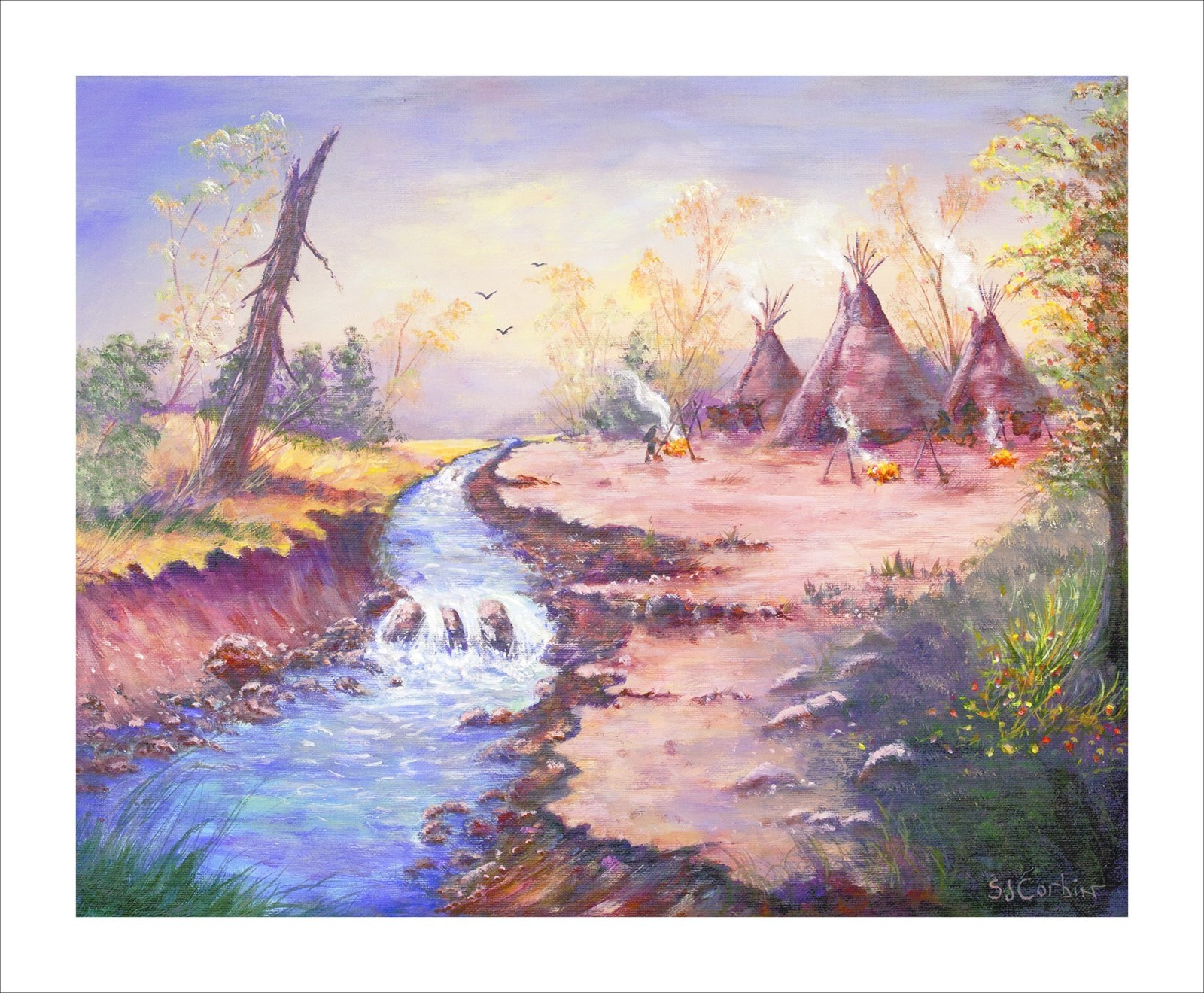 Professional Giclee Print of “ Southwestern Indian Village» Teepees, Riverscape