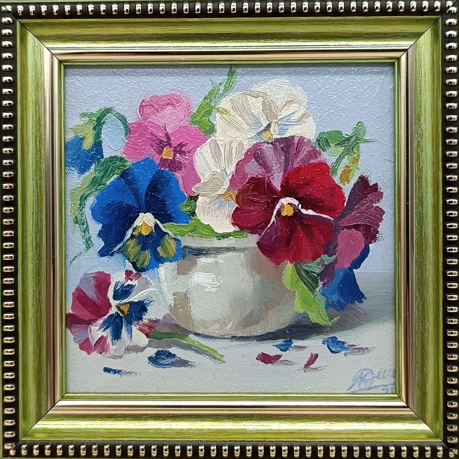 Pansy Flowers Original Oil Painting 4×6 Framed Signed Floral Still Life Wall Art