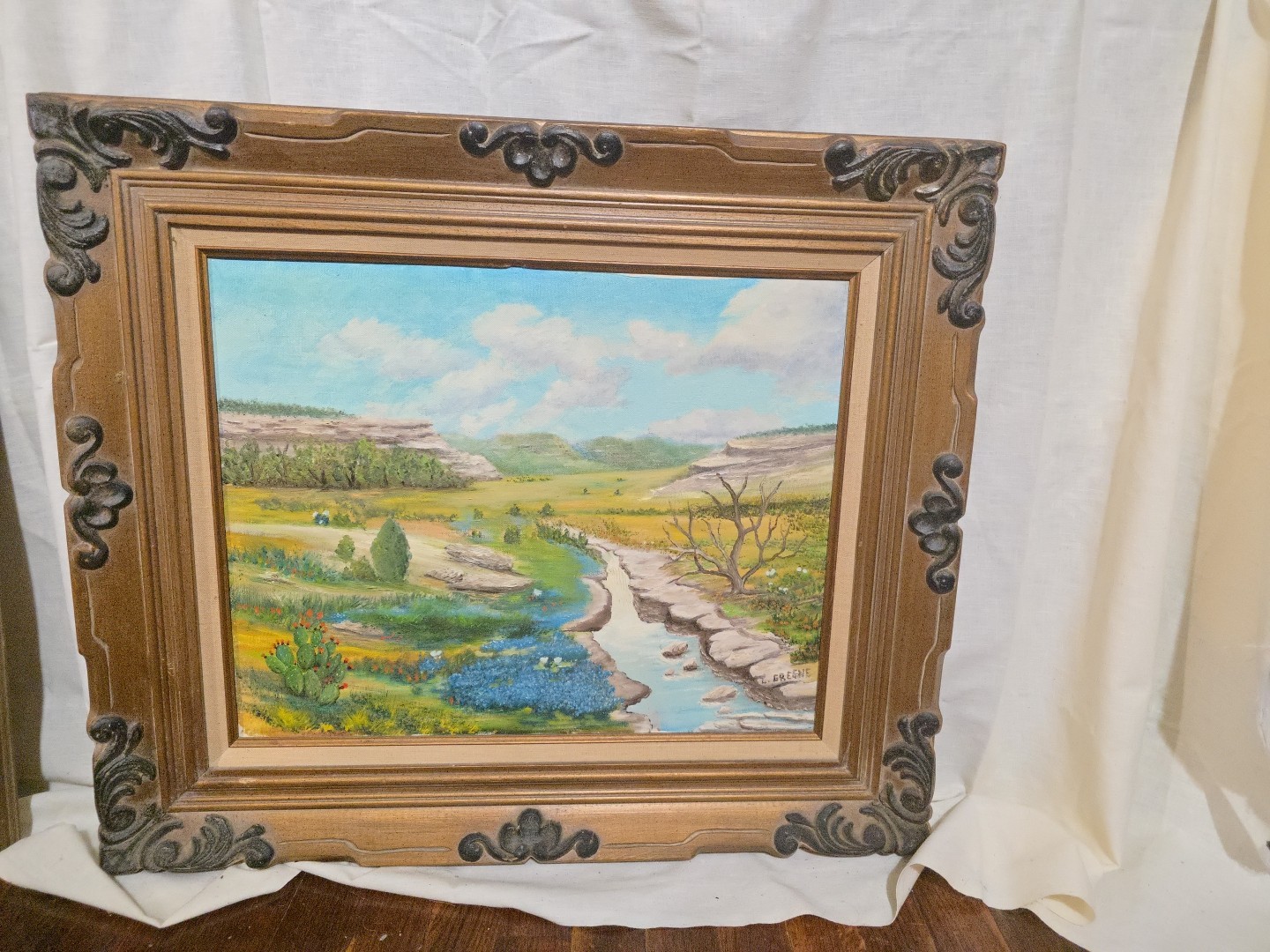 L GREENE Signed Oil Painting RARE TEXAS BRAZOS TRAIL Bluebonnets-SUPERB COLORS