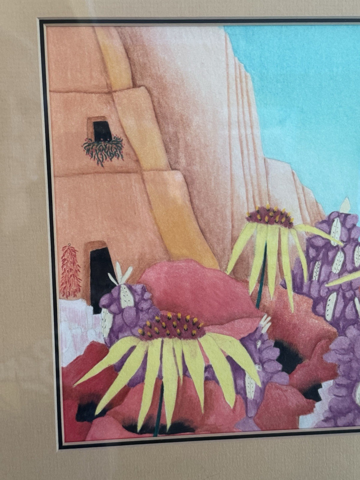 BJ Briner – Taos Artist – Casa de Los Flores – Framed Oil Pencil Paper Painting