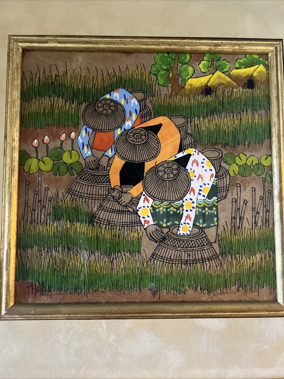 Asian Thai Expressionist Leaf painting-Artist Thanom-Vintage-MCM
