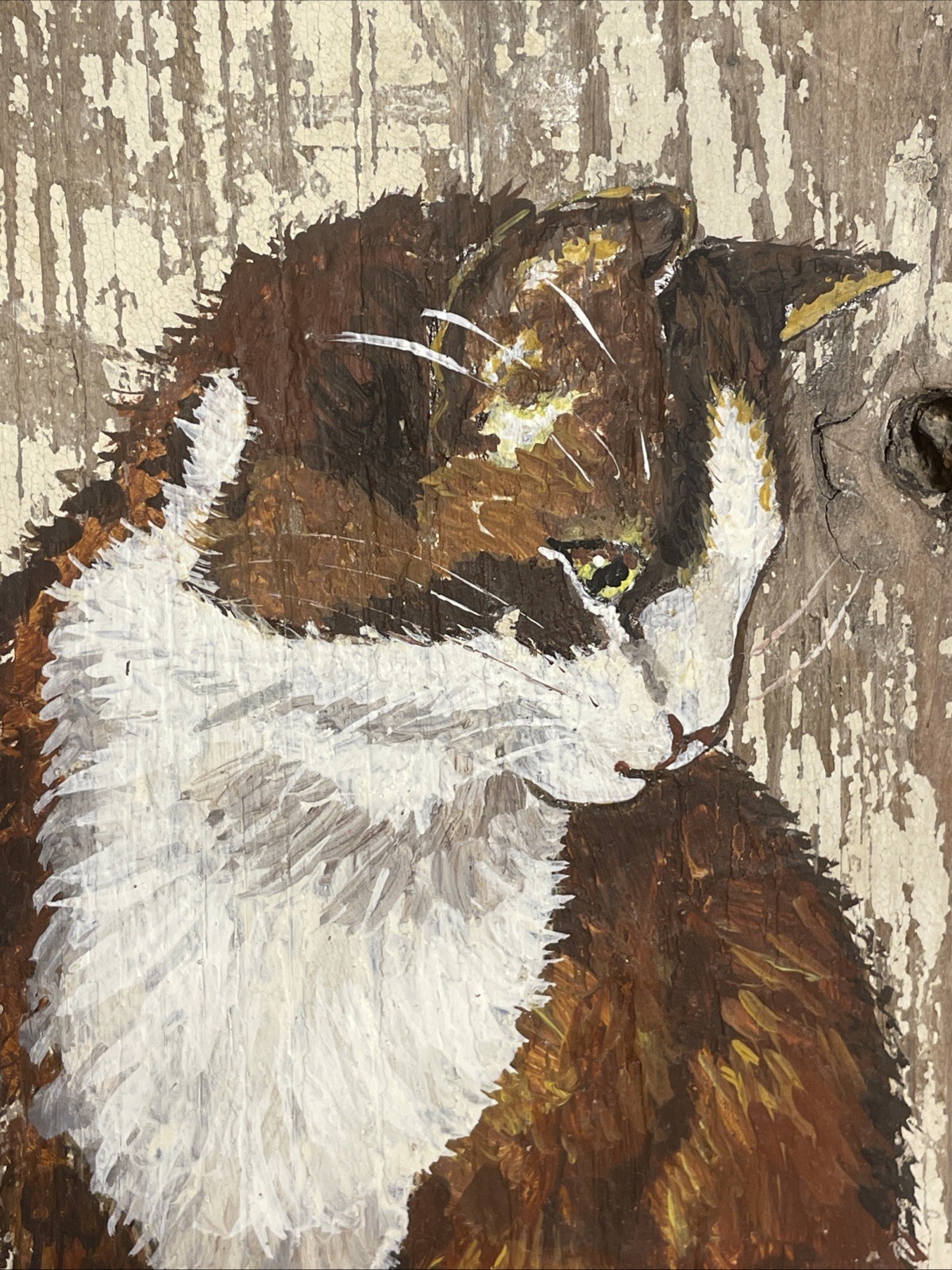 Charming Cat Painting on Rustic Reclaimed Barn Board – Farmhouse Folk Art Signed