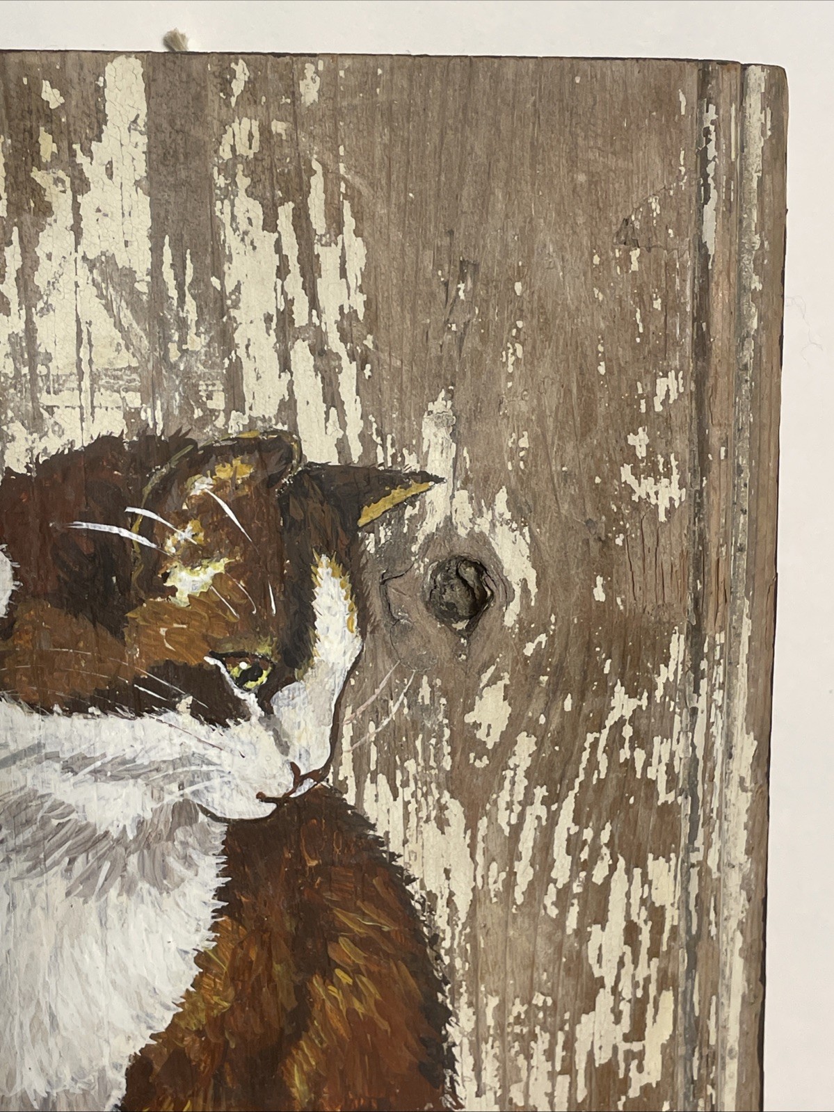 Charming Cat Painting on Rustic Reclaimed Barn Board – Farmhouse Folk Art Signed