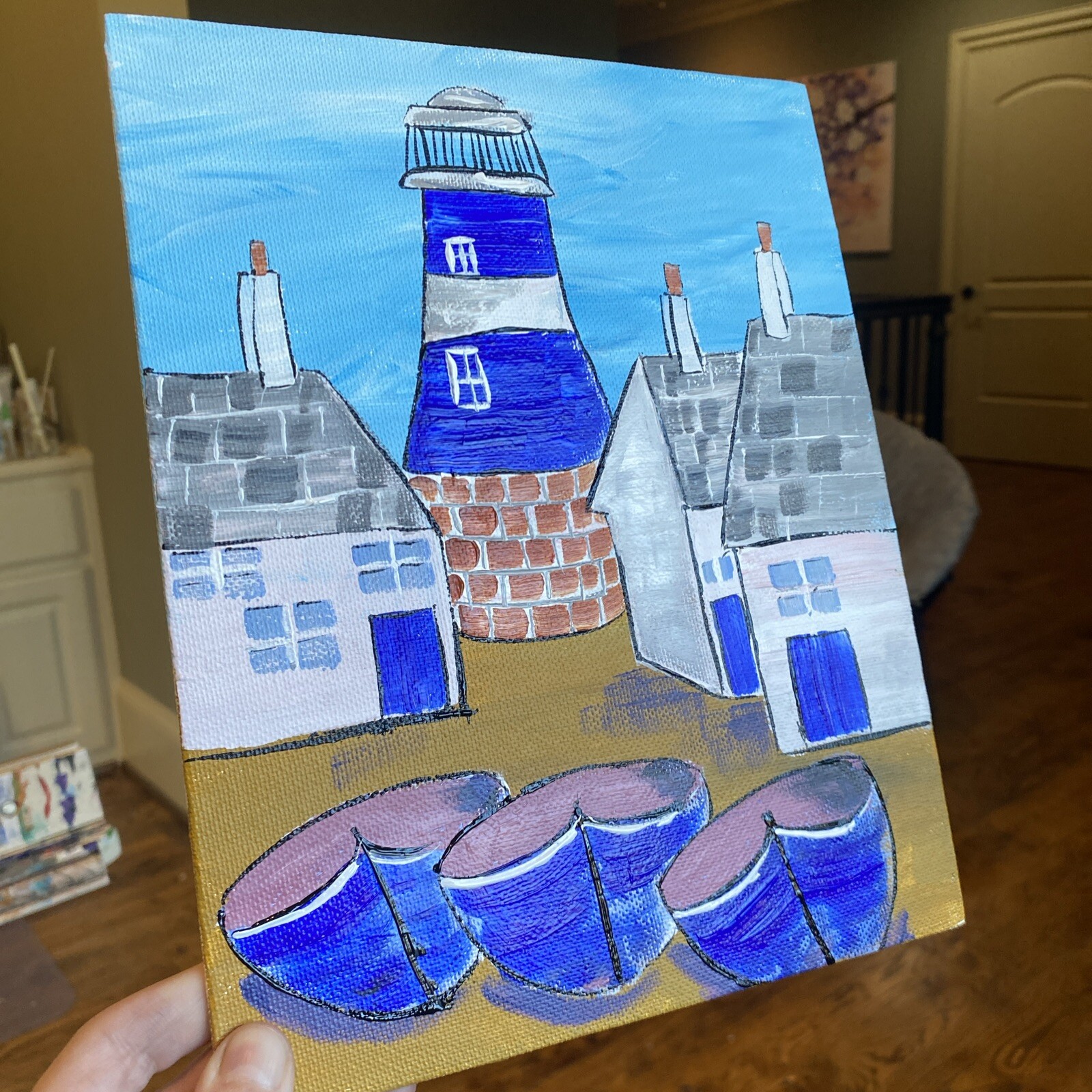 Ship,Boat,lighthouse,paintings on canvas Panel original 8/10, Abstract Seascape