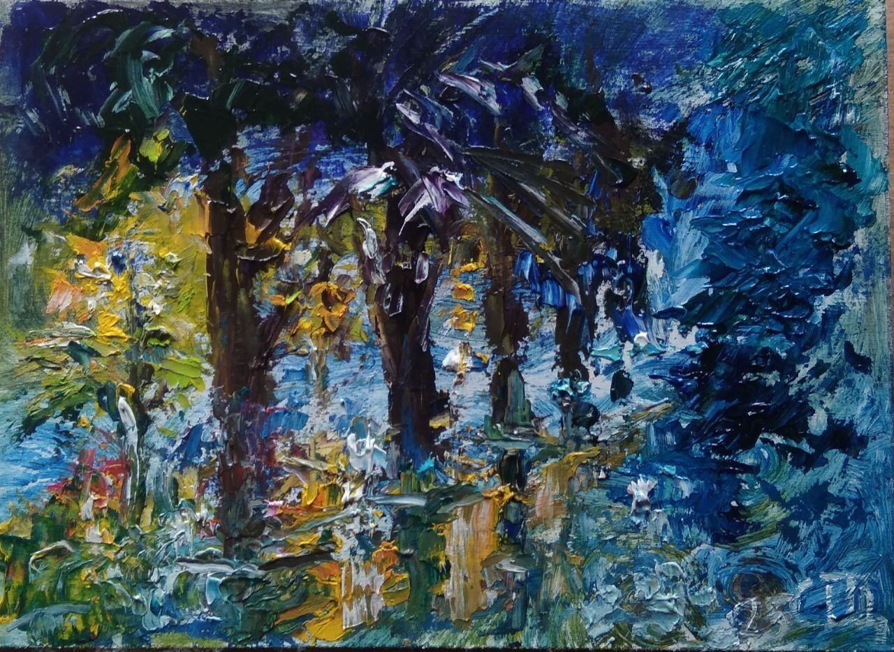 Painting «Evening Park after Rain». Oil on cardboard. 5×7 inc. Handmade. 2025.
