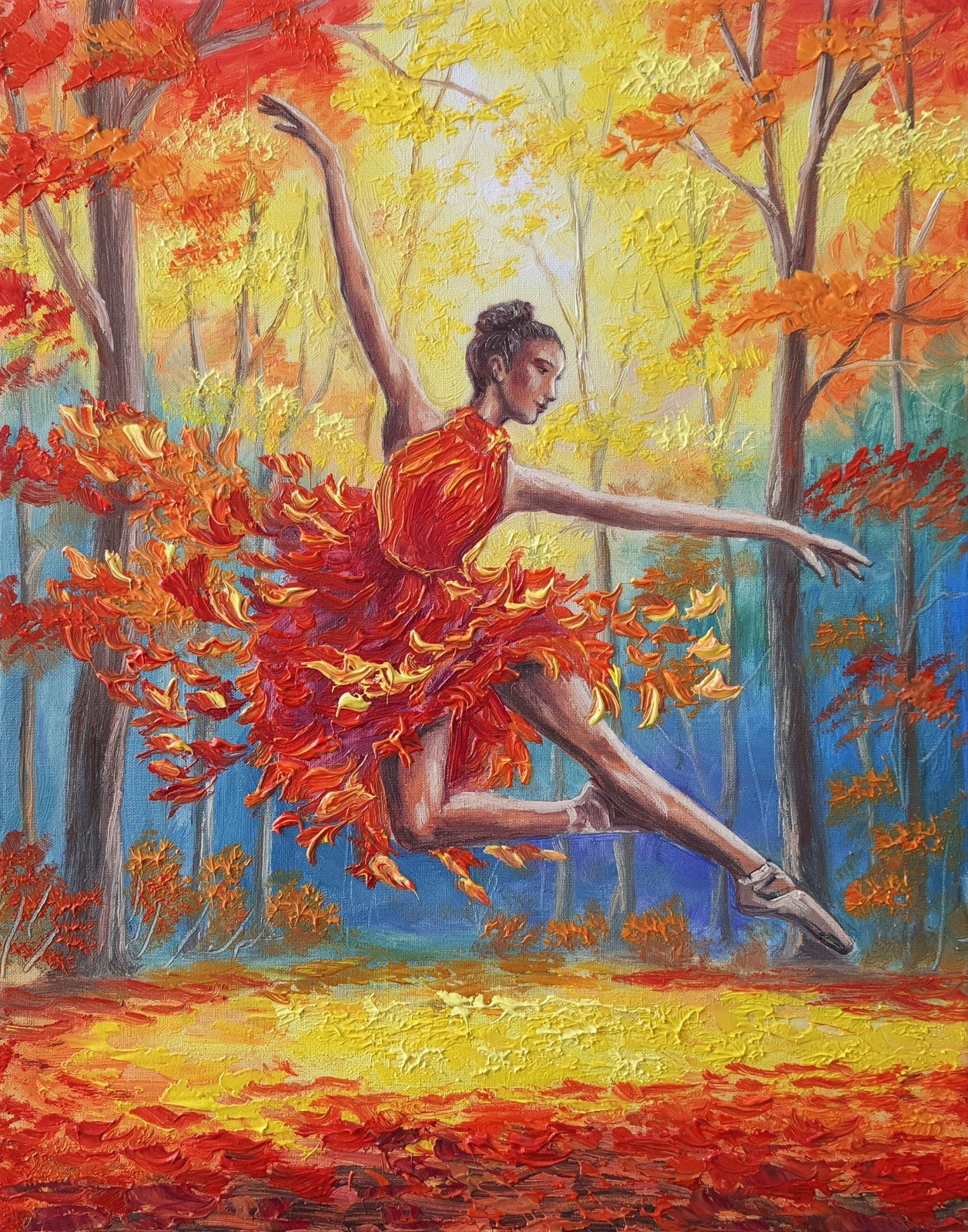 Original Oil Ballerina Painting Autumn Forest Dance Figure Impasto Art 11×14