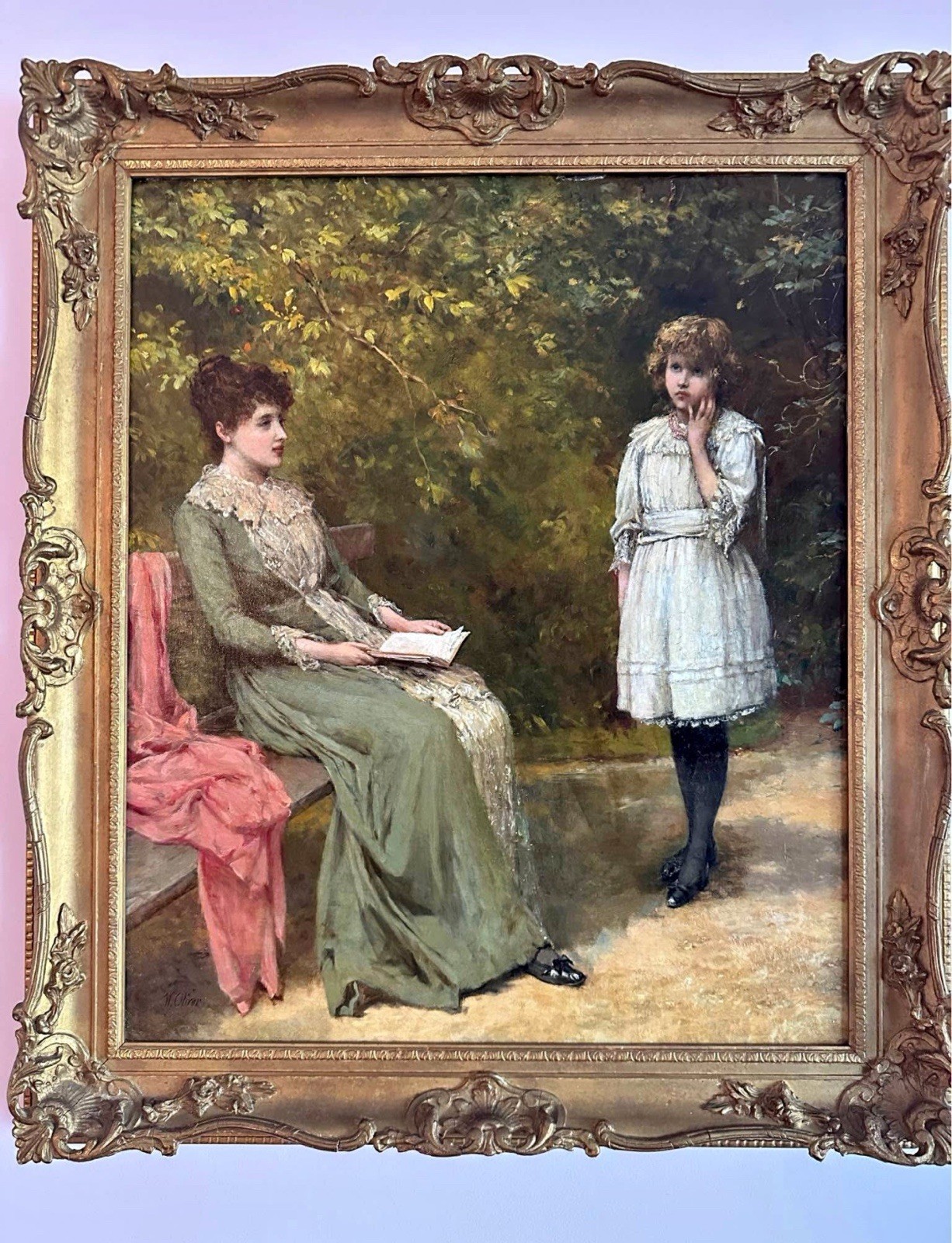 William Oliver 19th Century Oil Painting Beautiful Mother & Daughter In Garden