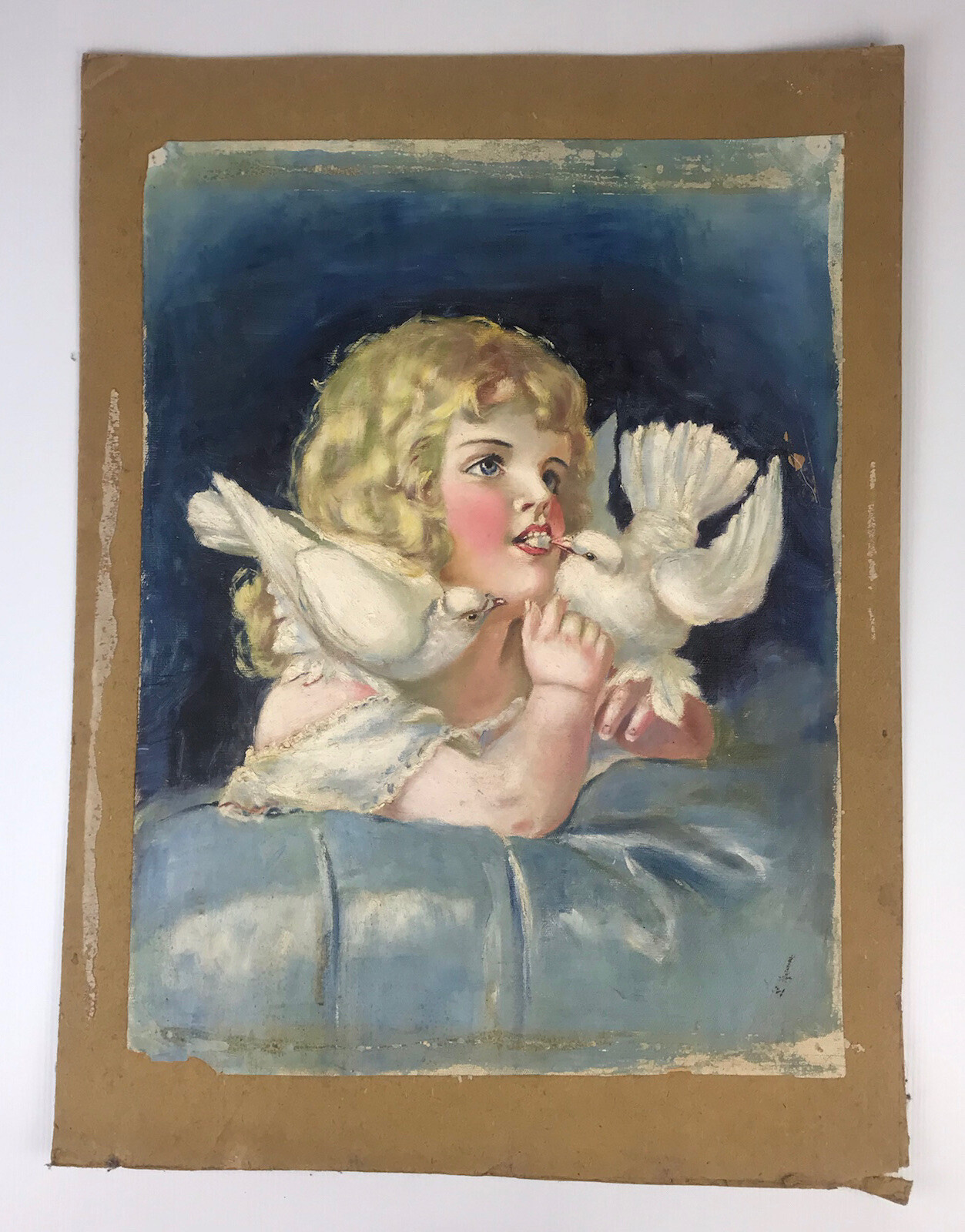 Antique Oil Painting Girl & Doves 38cm x 50cm