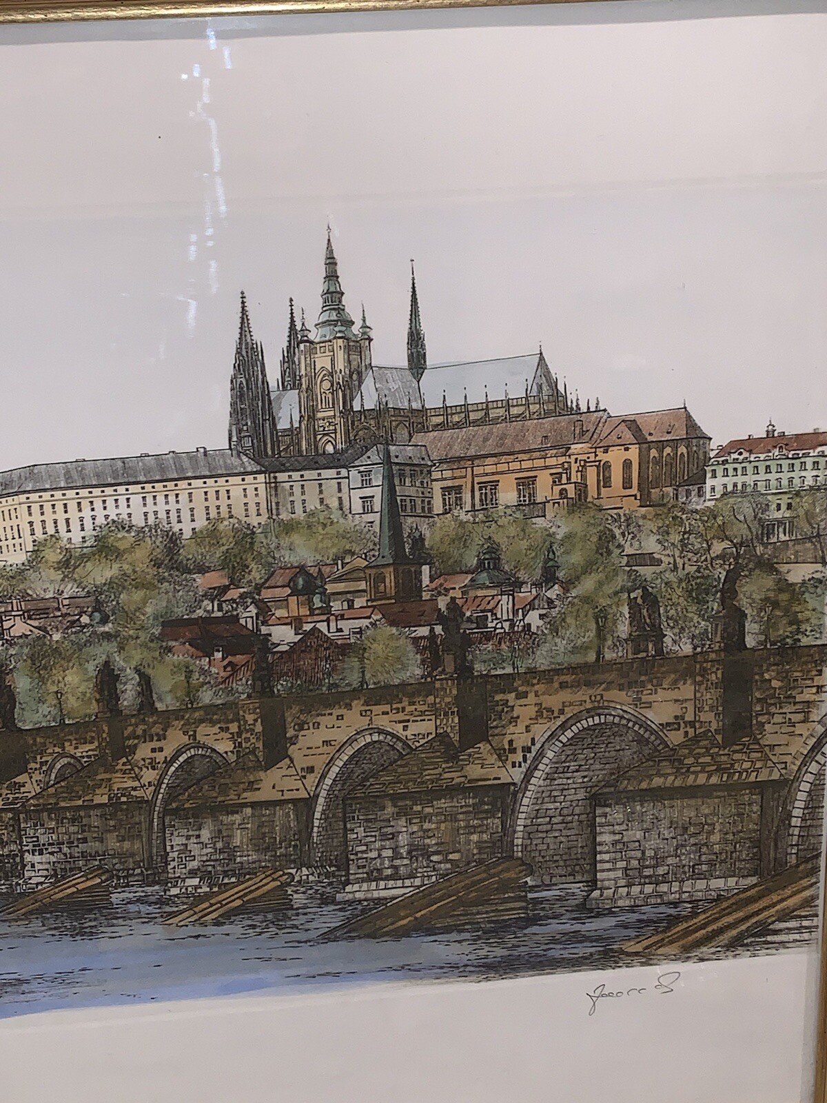 Vintage Notre Dame Original Etching France Hand Colored 24.5”X 20.5” Framed