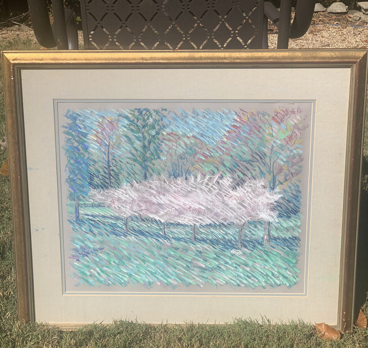 Kathy Black ‘88 Trees Dappled Light Landscape Pastel Framed Mat 24.25”T 28.25”W