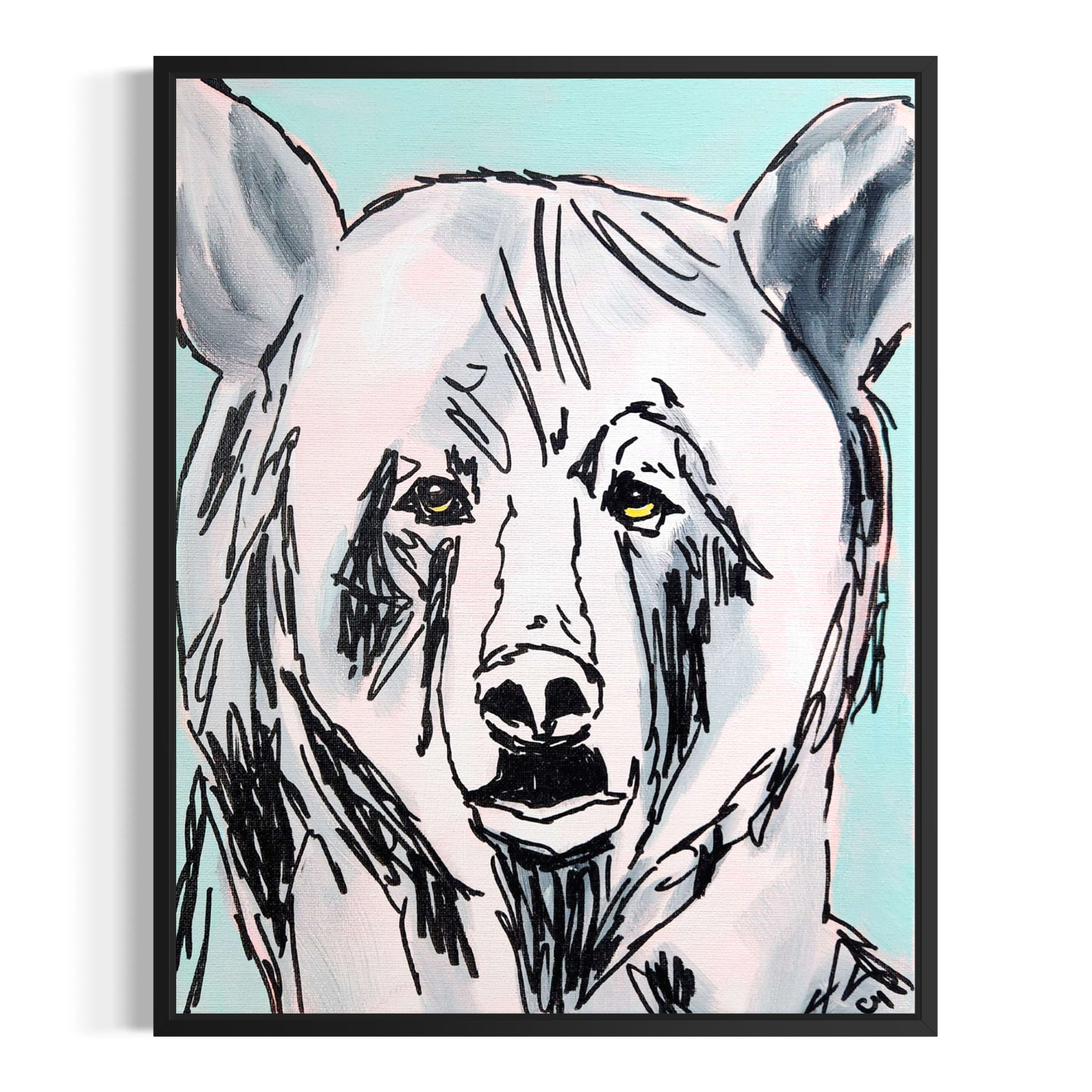 Original Abstract 11×14 Bear Acrylic Canvas Painting Signed Blue Wall Art