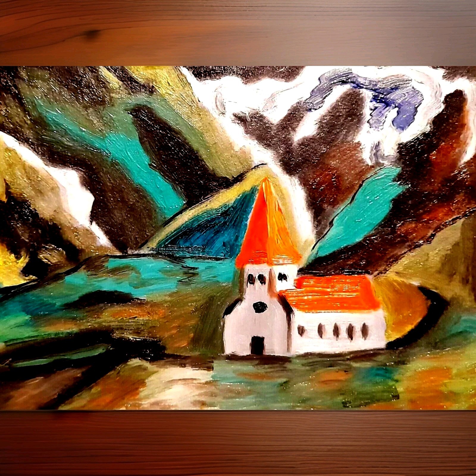 Iceland Oil Painting Church In Mountains Illustration Art Landscape Artwork