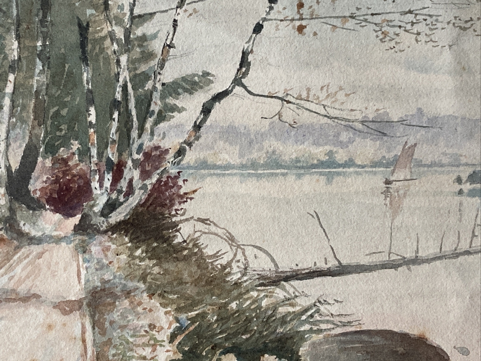 Antique 1903 Watercolor Painting Trail Along Lake & Sailboat By Herbert L Conner