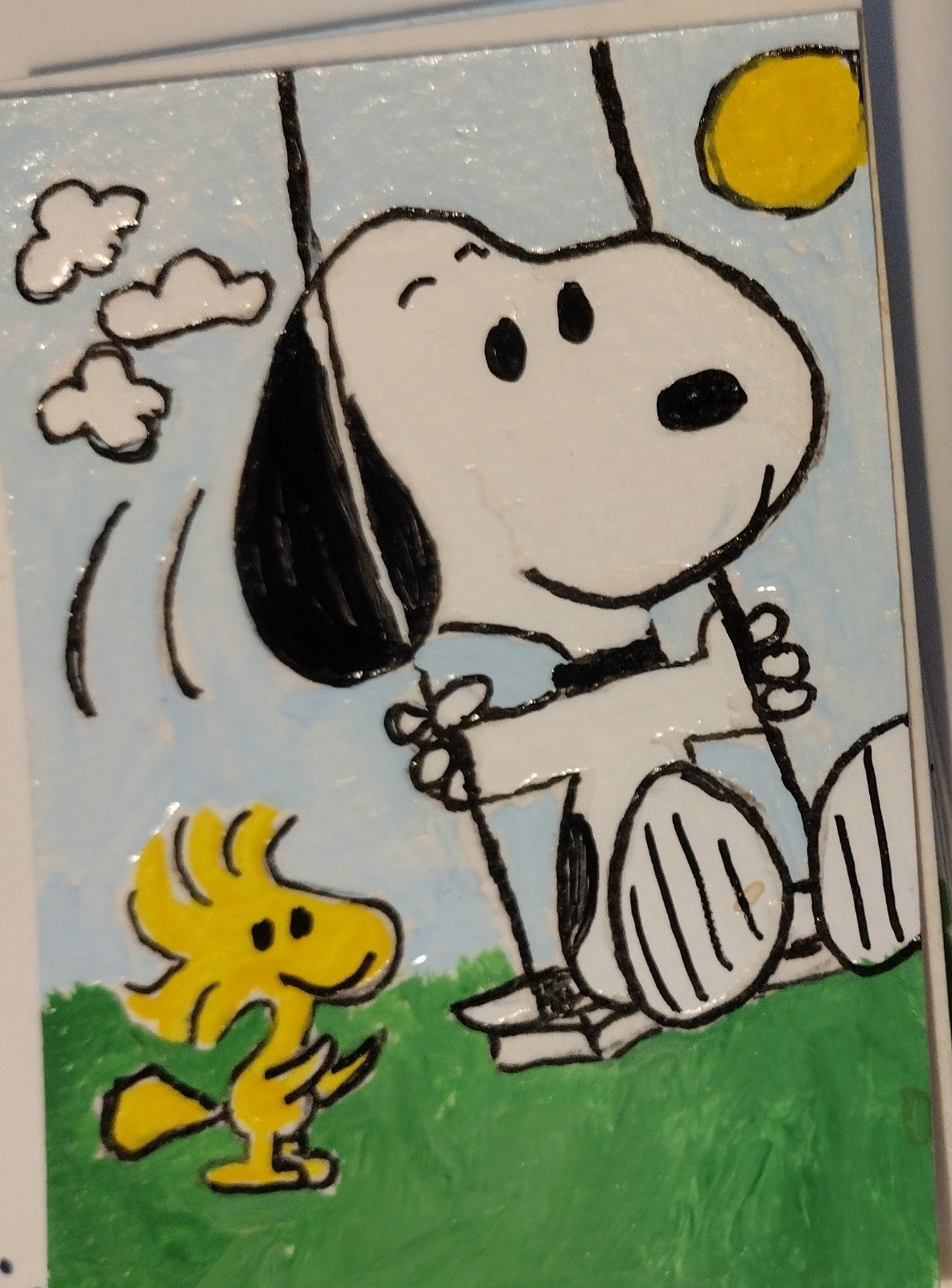 3.5″X2.5″ Artist Trading Card Snoopy And Woodstock Swing HAND PAINTED ACRYLIC