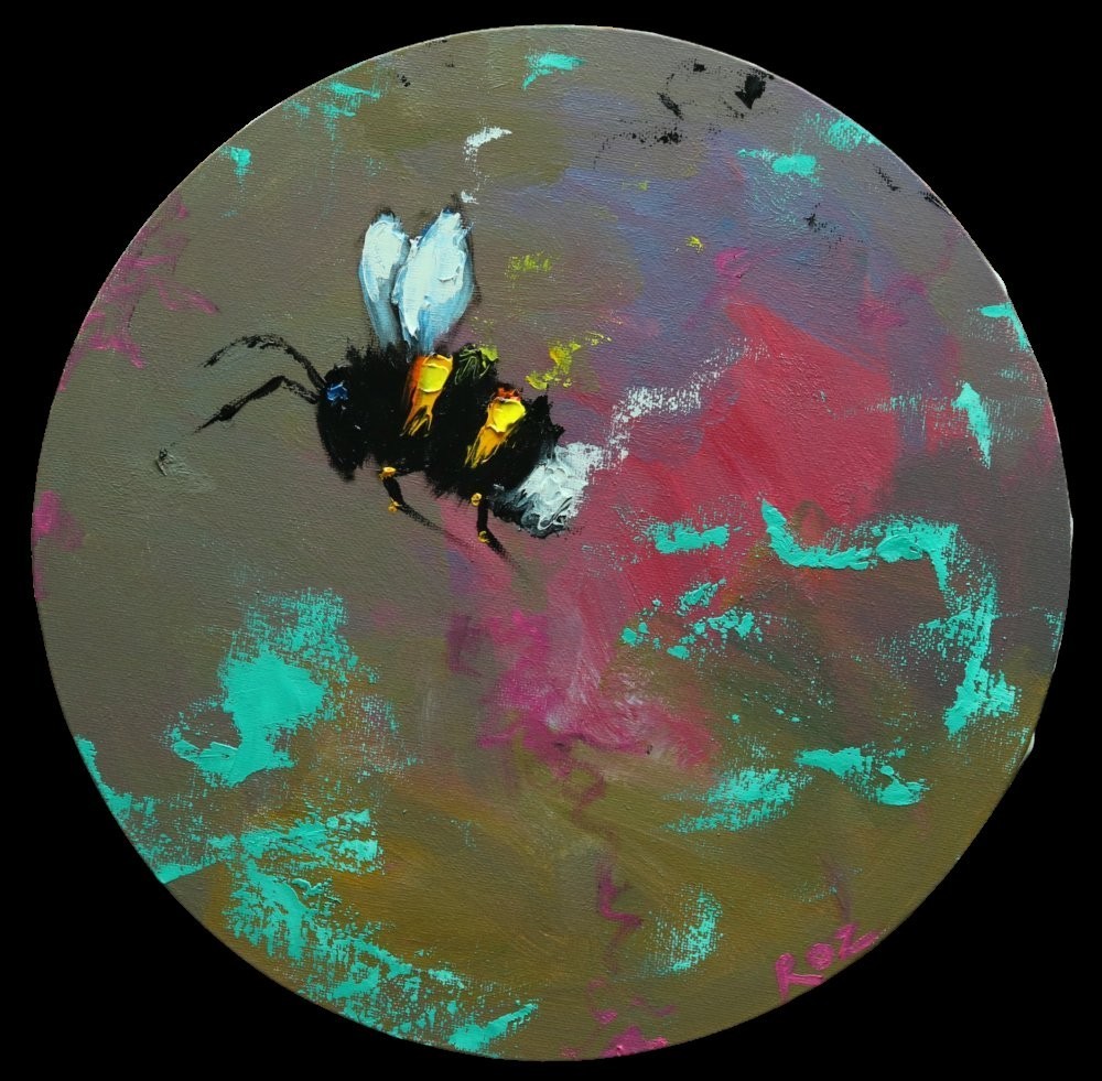 Bee 505 – 12″ round original oil painting by Roz