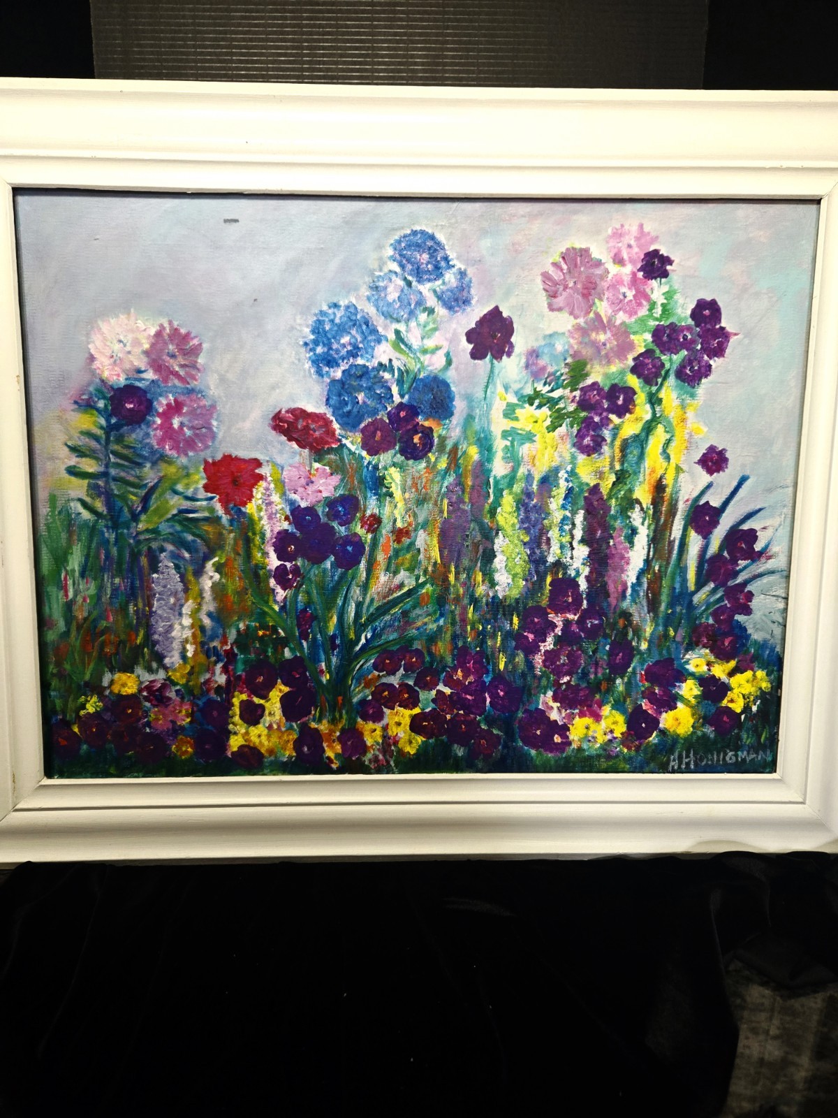 Original painting textured impasto flowers signed «A. Honigman» 31″×25″