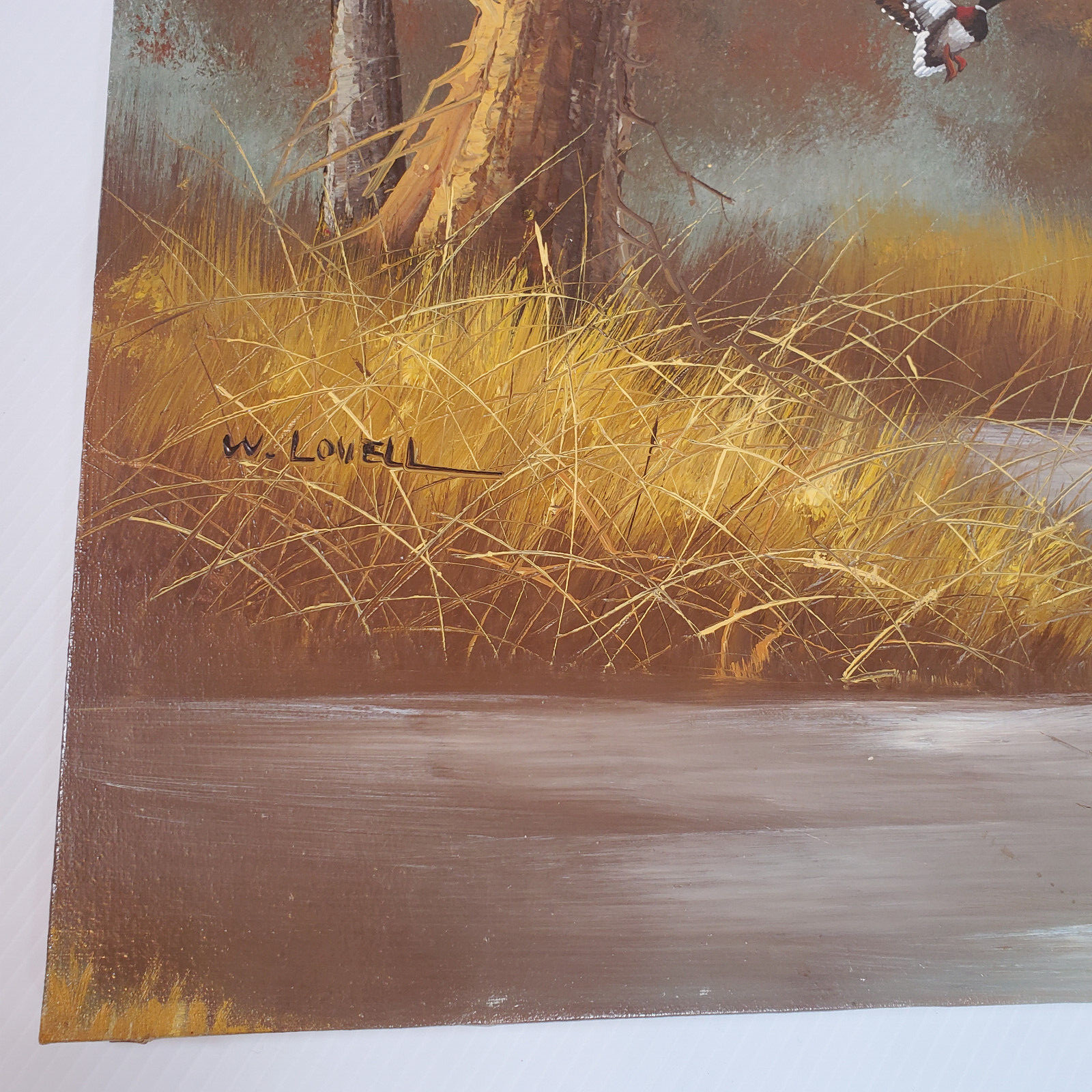 W. Lovell Signed Oil Canvas 24×20 Vtg Painting Ducks in Flight Landing Marsh
