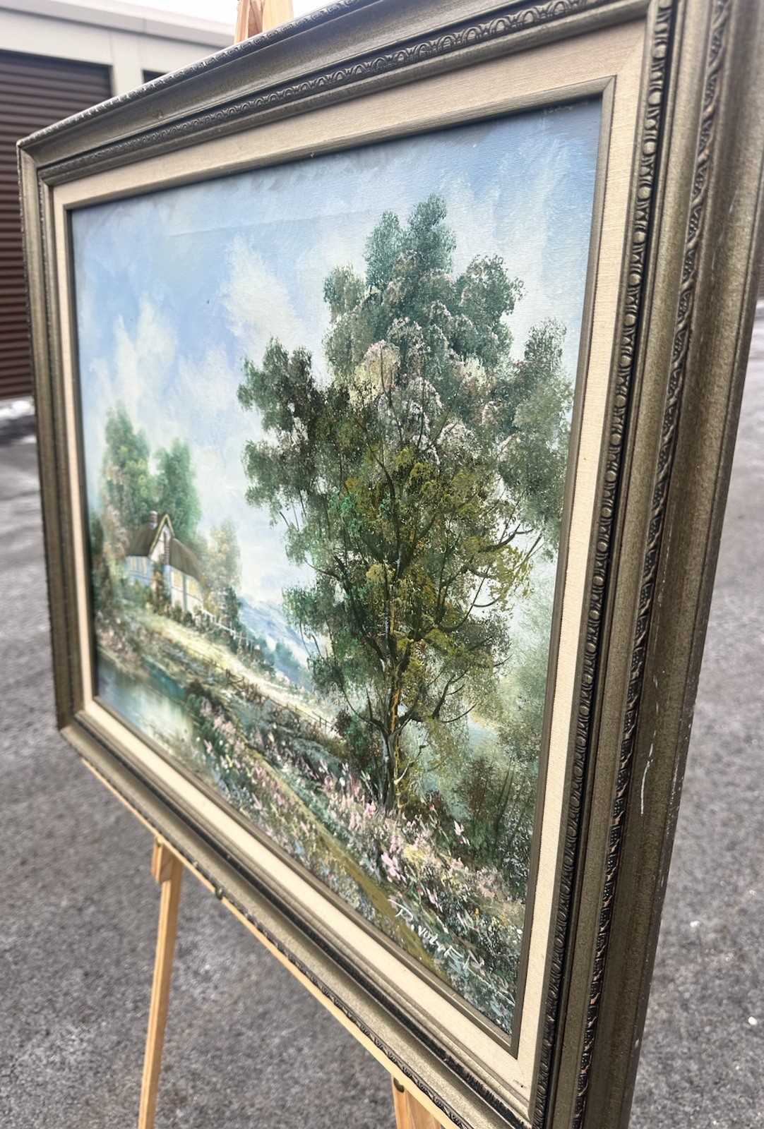 Vintage Oil Painting French Cottage Landscape Signed R. Wolfel Framed 25,5×29,5