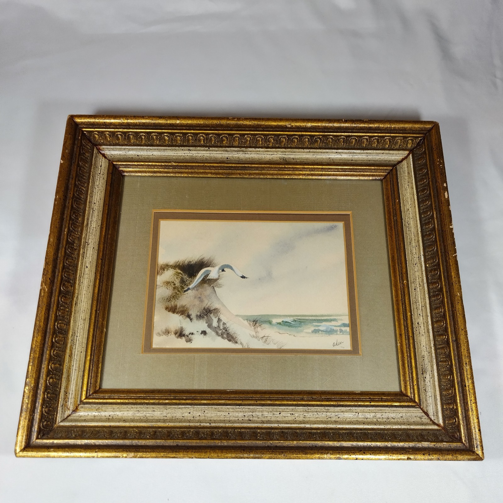 Antique Original Watercolor Painting Signed Aden Seagulls Sea Framed 13″x13″