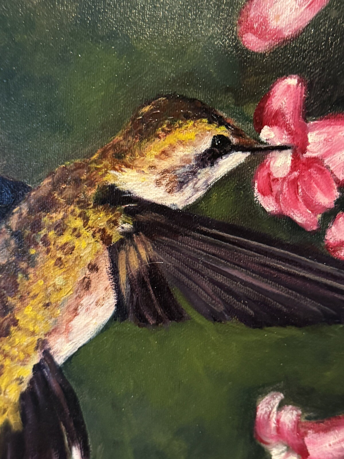 Oval Hummingbird Hovering Over Pink Flowers Painting, Signed, 11”x14”